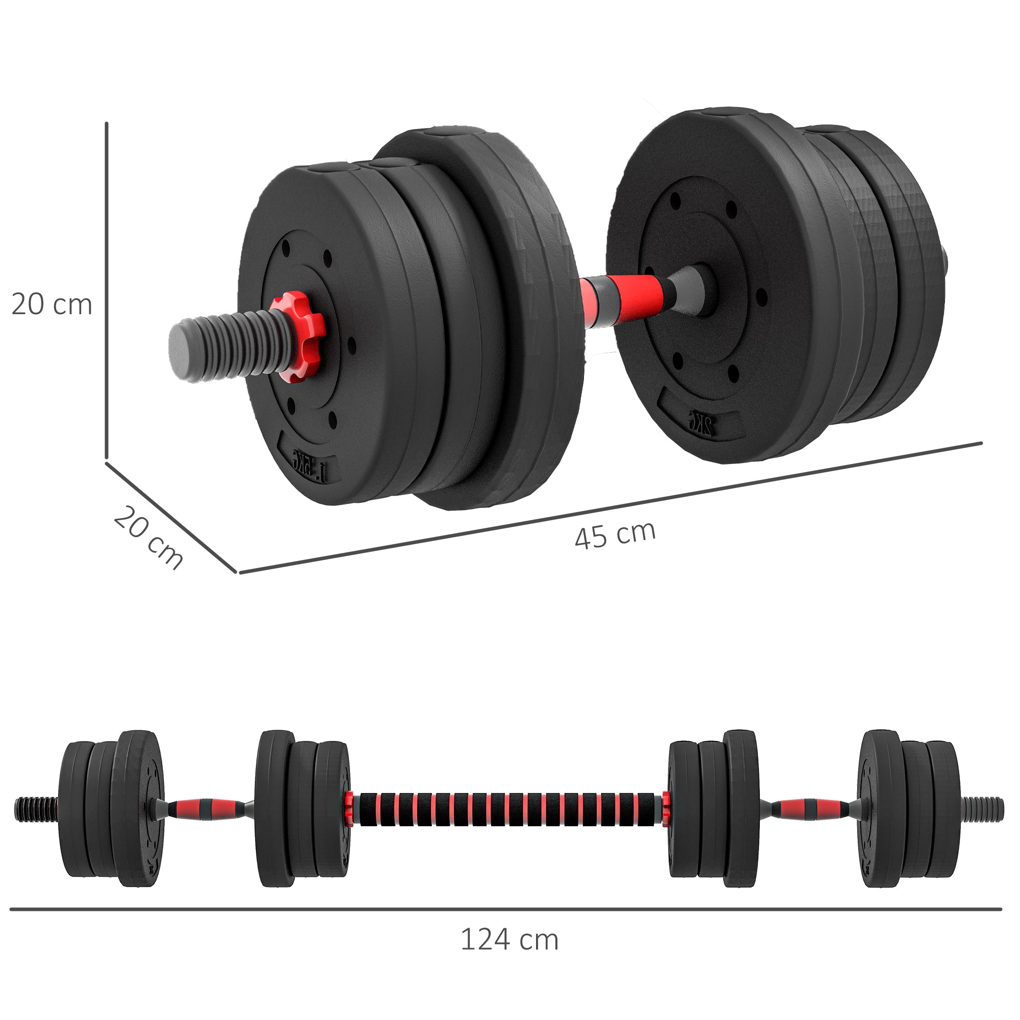 HOMCOM 20kg 2 IN 1 Adjustable Dumbbells Weight Set, Dumbbell Hand Weight Barbell for Body Fitness, Lifting Training for Home, Office, Gym, Black - North Peak Garden Furniture