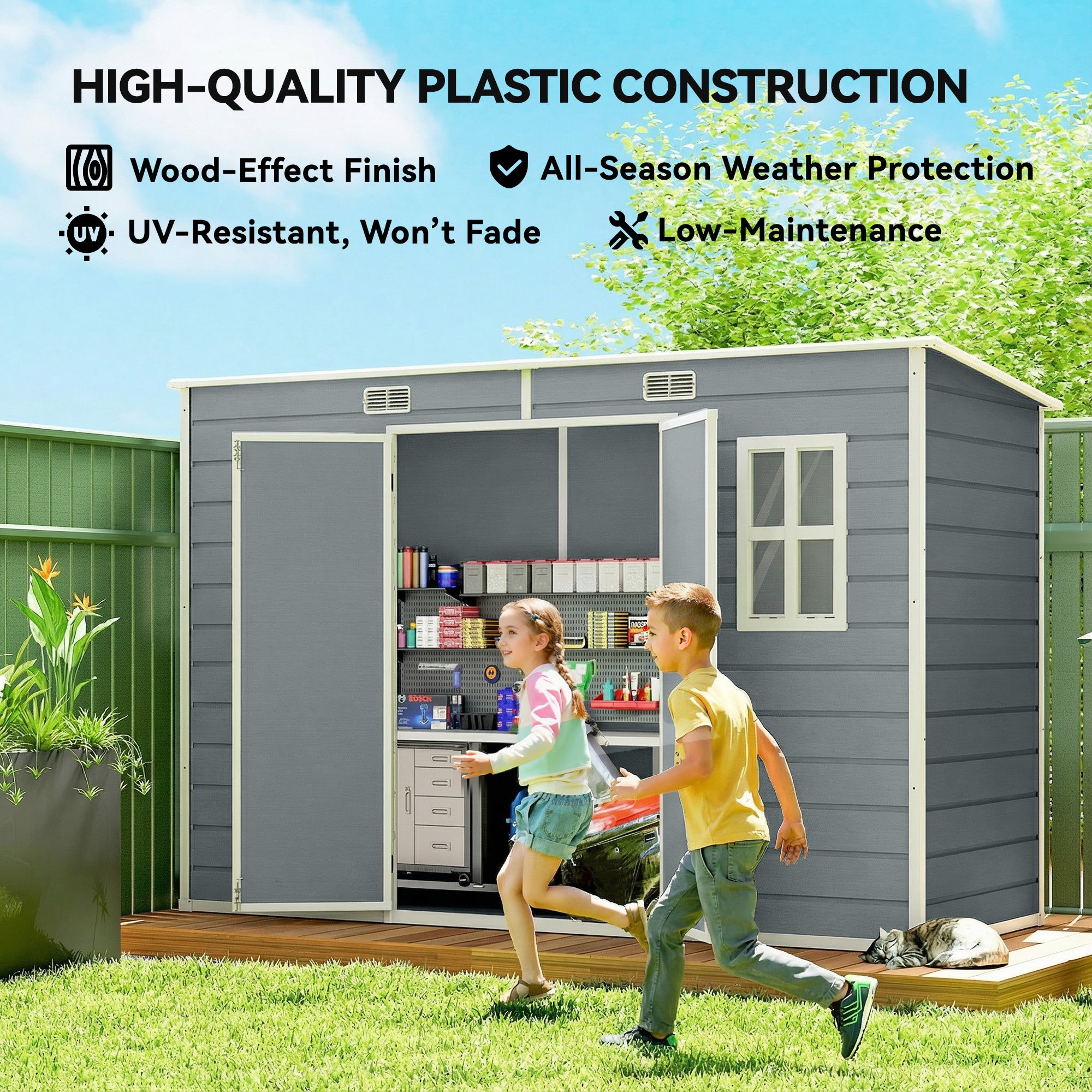 Outsunny 10 x 4 ft Resin Garden Shed, Outdoor Storage Shed with Floor, Windows, Lockable Doors and Vents, Grey