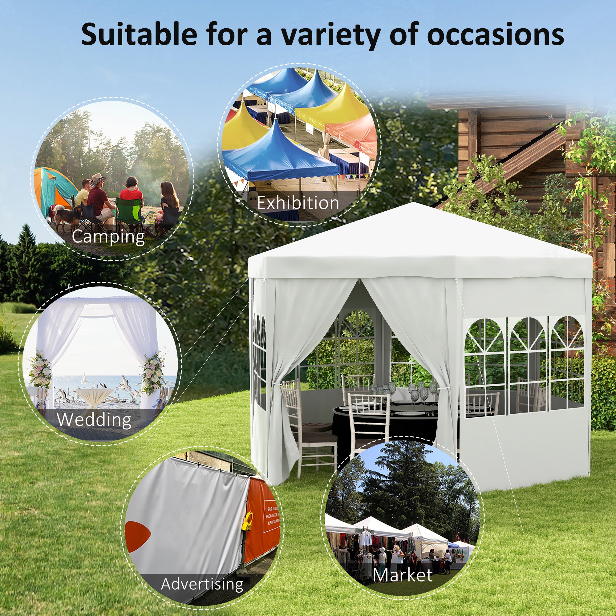 Outsunny 4 m Party Tent Wedding Gazebo Outdoor Waterproof PE Canopy Shade with 6 Removable Side Walls - North Peak Garden Furniture