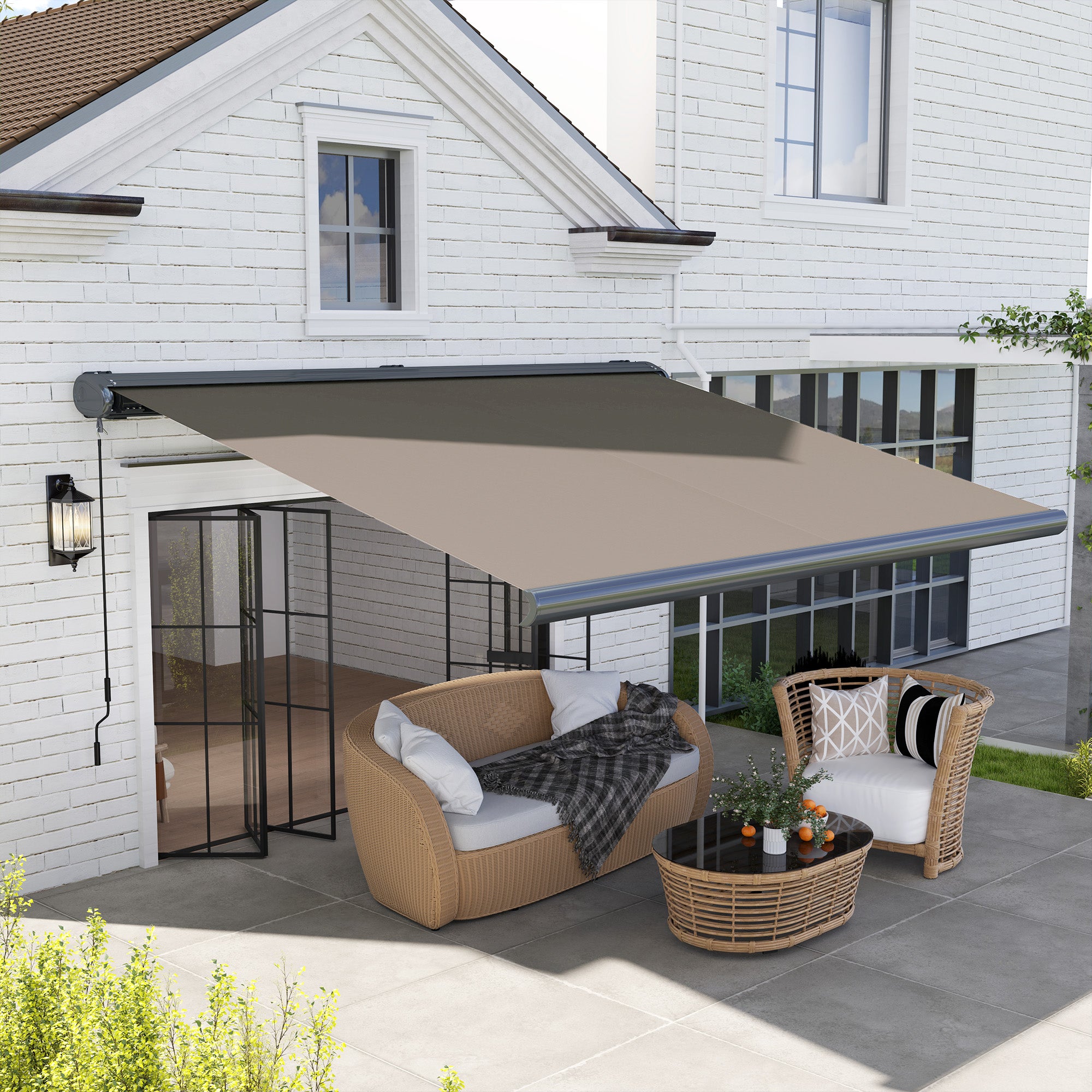 Outsunny 4 x 3(m) Full Cassette Electric Awning with Remote Controller, Aluminium Frame DIY Retractable Garden Awning, UPF50+ Sun Shade Canopy for Deck Door Window, Light Grey - North Peak Garden Furniture