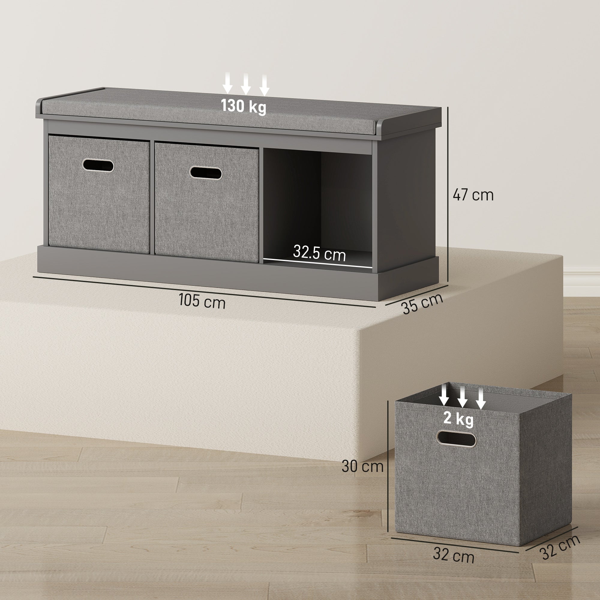 HOMCOM Three-Drawer Shoe Storage Bench, with Padded Top Seat - Grey