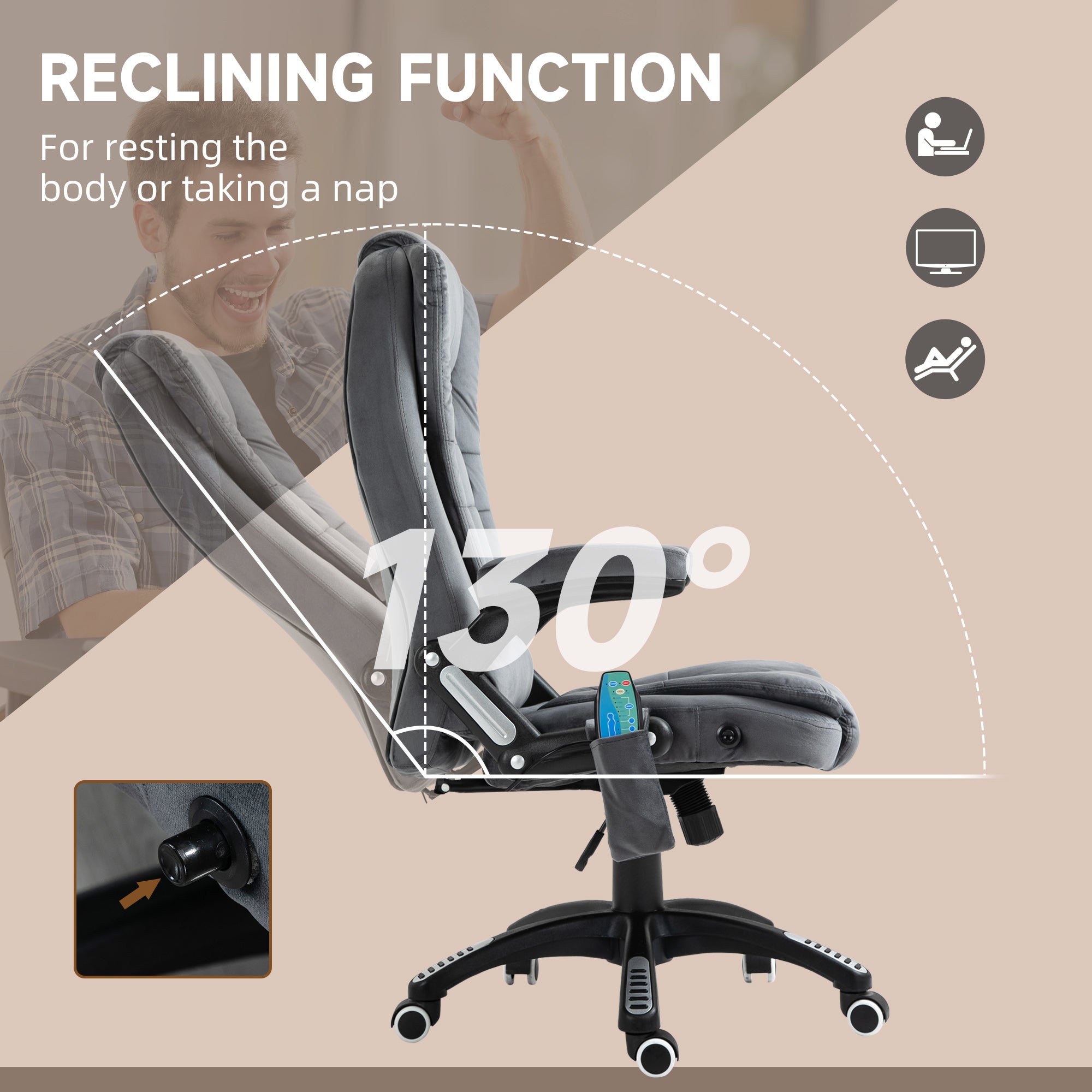Vinsetto Massage Recliner Chair Heated Office Chair with Six Massage Points Velvet-Feel Fabric 360° Swivel Wheels Grey - North Peak Garden Furniture