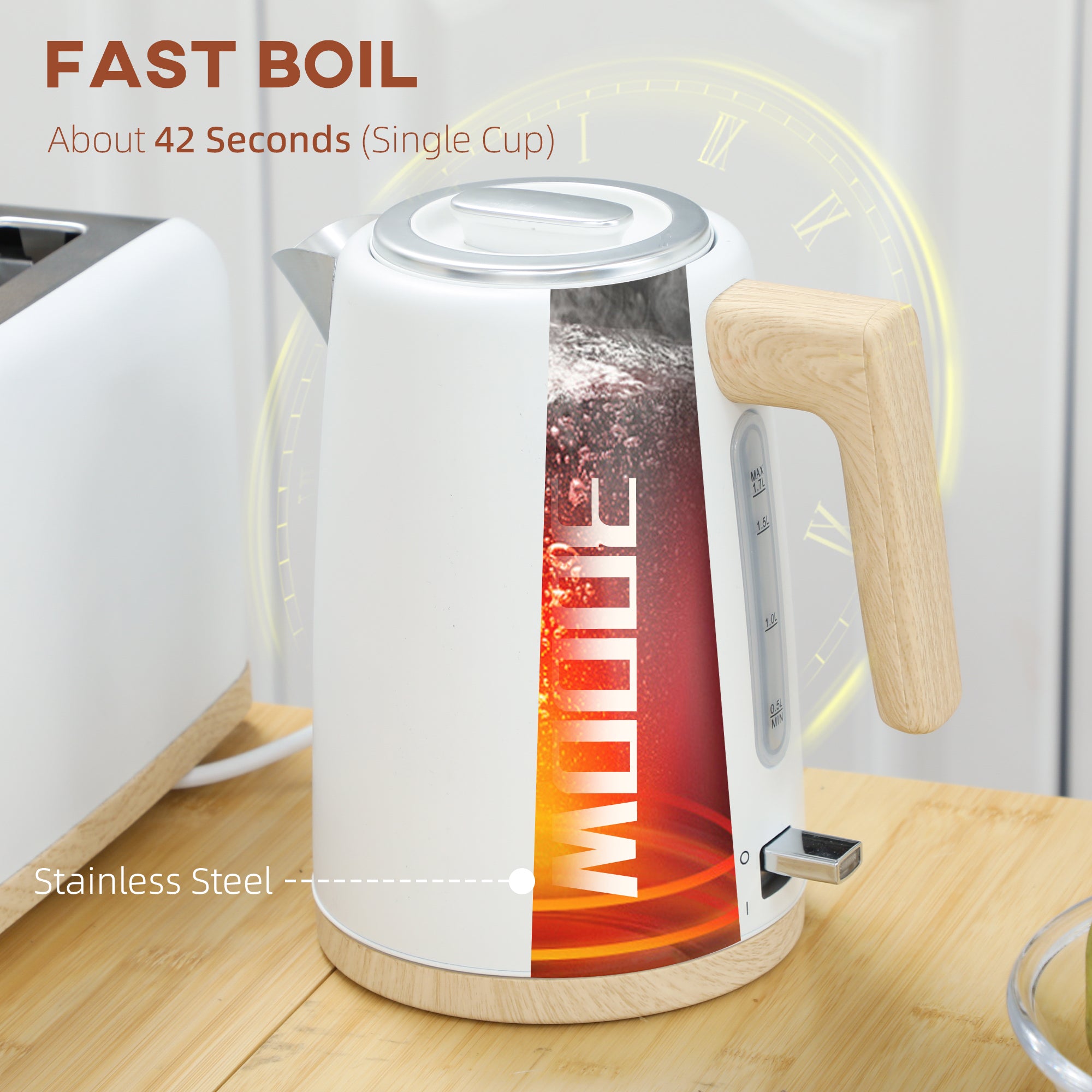 HOMCOM Kettle and Toaster Set, 1.7L 3000W Fast Boil Kettle & 2 Slice Toaster Kitchen Set with 7 Level Browning Controls, Defrost, Reheat, Auto Off, Boil-dry Protection, White - North Peak Garden Furniture