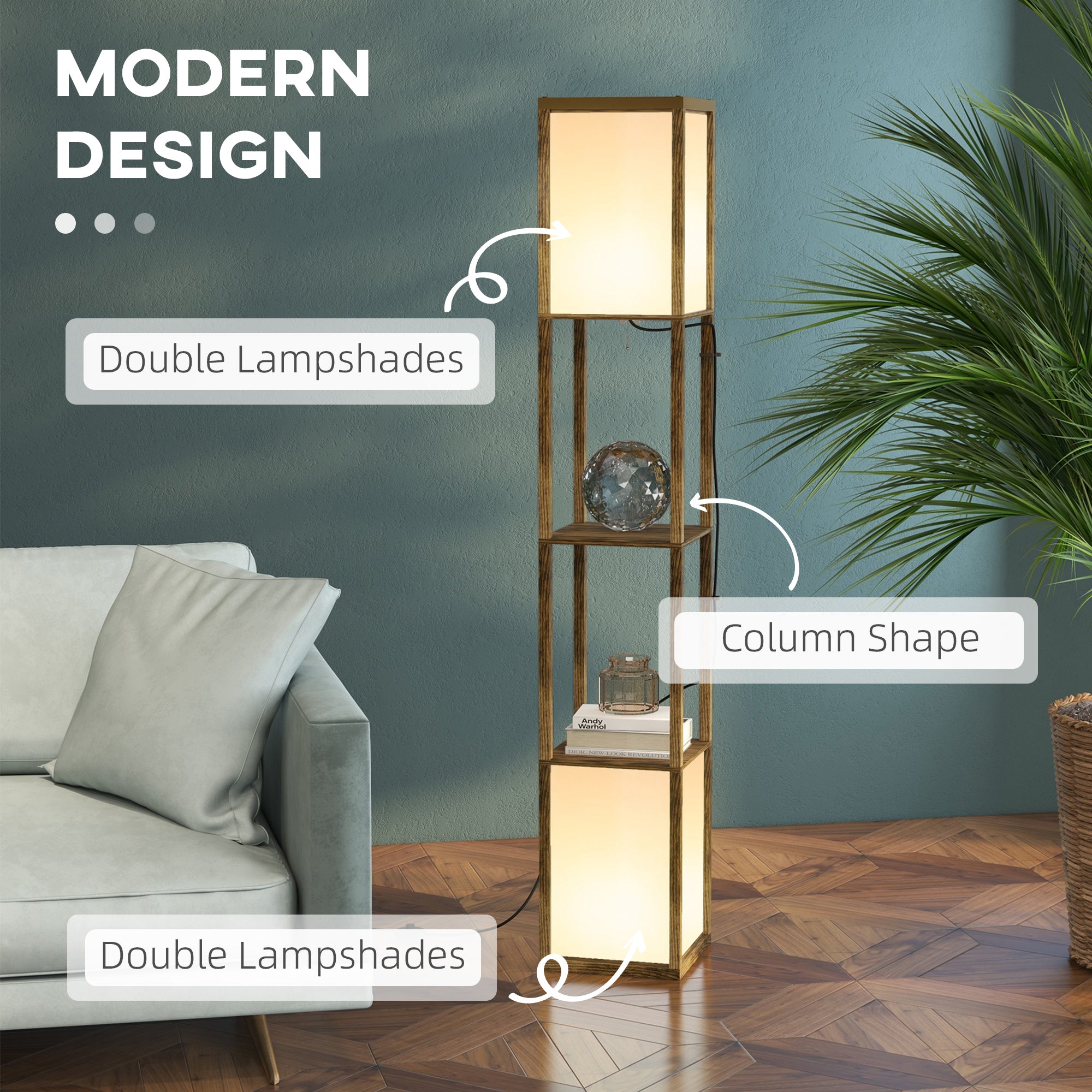HOMCOM Modern Shelf Floor Lamp with Dual Ambient Light, Standing Lamp Living Room, Bedroom, 156cm, Brown - North Peak Garden Furniture