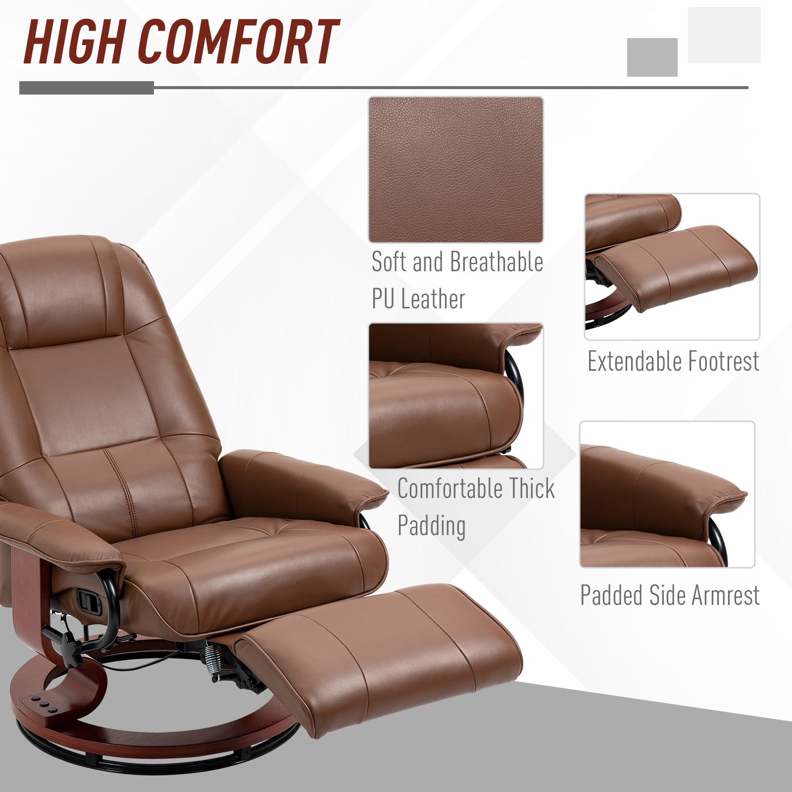 HOMCOM Faux Leather Armchair, with 145° Reclining Back and Footrest - Brown - North Peak Garden Furniture