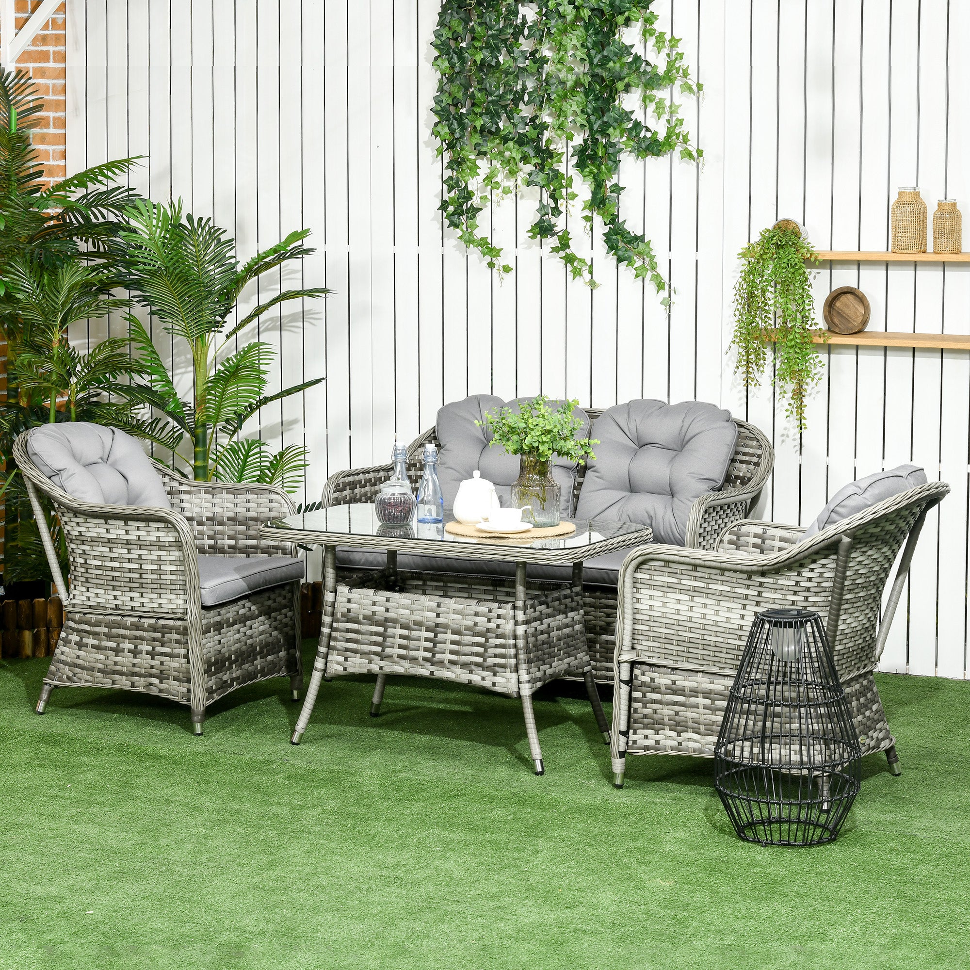Outsunny 4 Pieces Outdoor PE Rattan Garden Furniture, Patio Round Wicker Woven Conversation Sofa Set w/ Padded Cushions and Tempered Glass Top Table For Balcony, Pool, Backyard, Sand - North Peak Garden Furniture