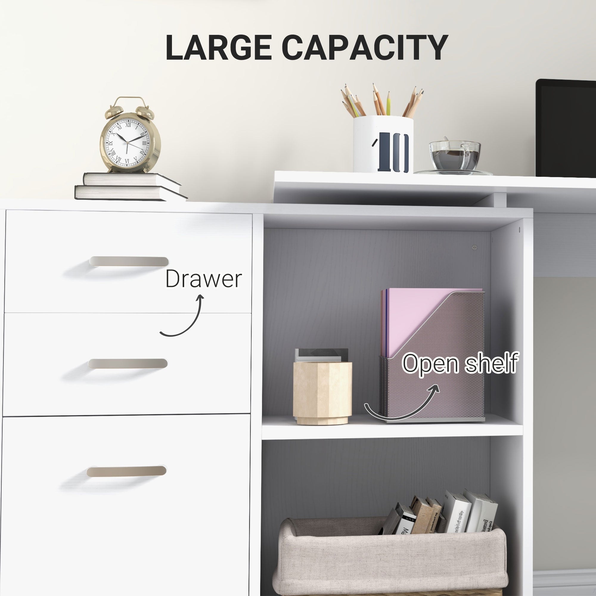 HOMCOM L-Shaped Computer Desk, 2 Shaped Corner Desk with Drawers, File Cabinet and Storage Shelves, Home Office Desk, 117 x 83.5 x 76cm, White - North Peak Garden Furniture