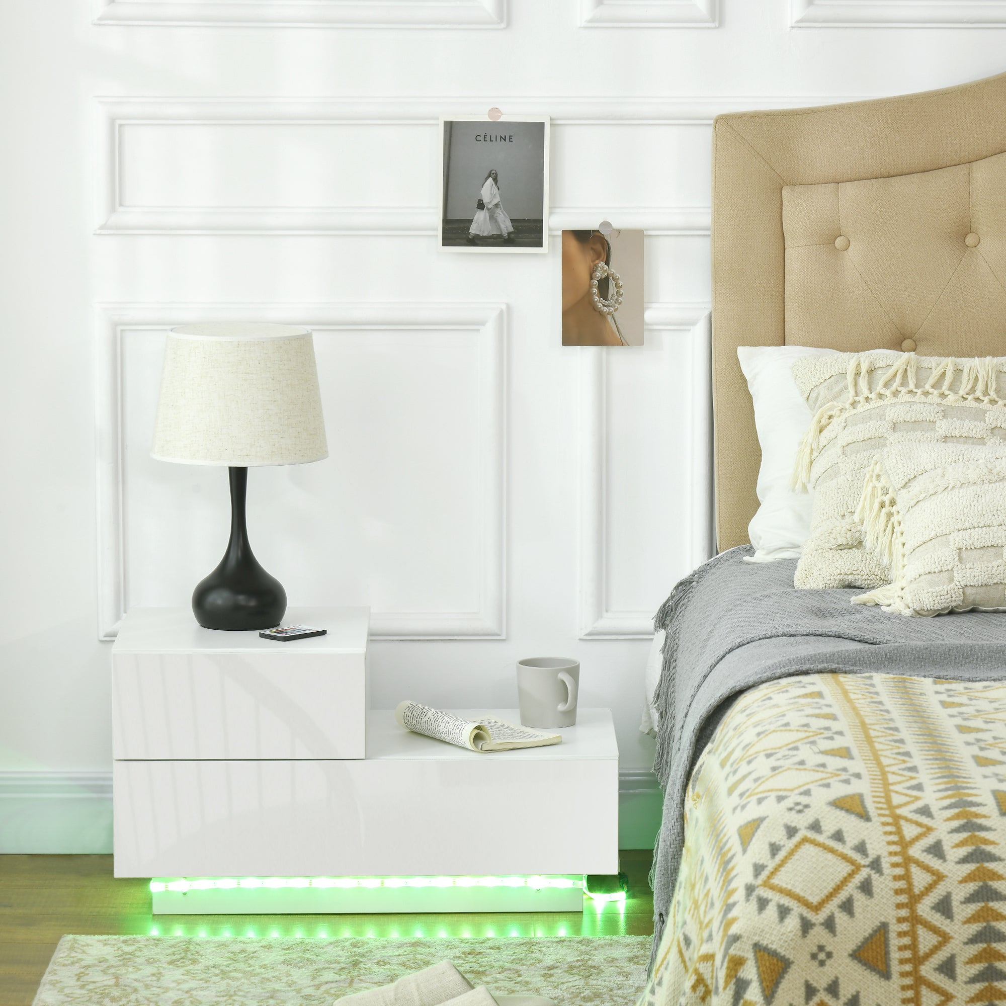 HOMCOM High Gloss Front Bedside Table with Drawers Nightstand with RGB LED Light and Remote for Bedroom Living Room White - North Peak Garden Furniture