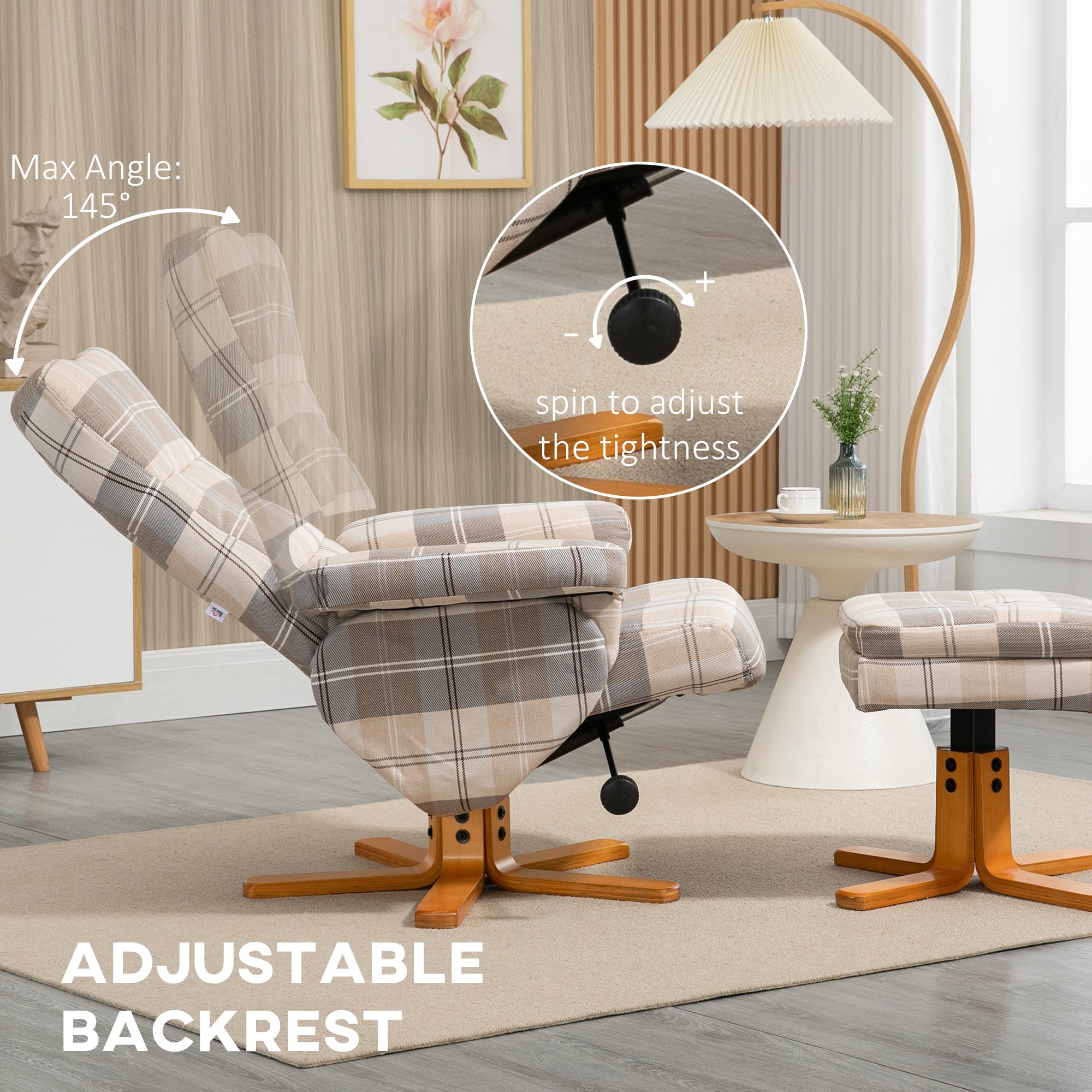 HOMCOM Linen Swivel Recliner Chair with Footstool, Wooden Base and Storage for Living Room, Multicolour - North Peak Garden Furniture