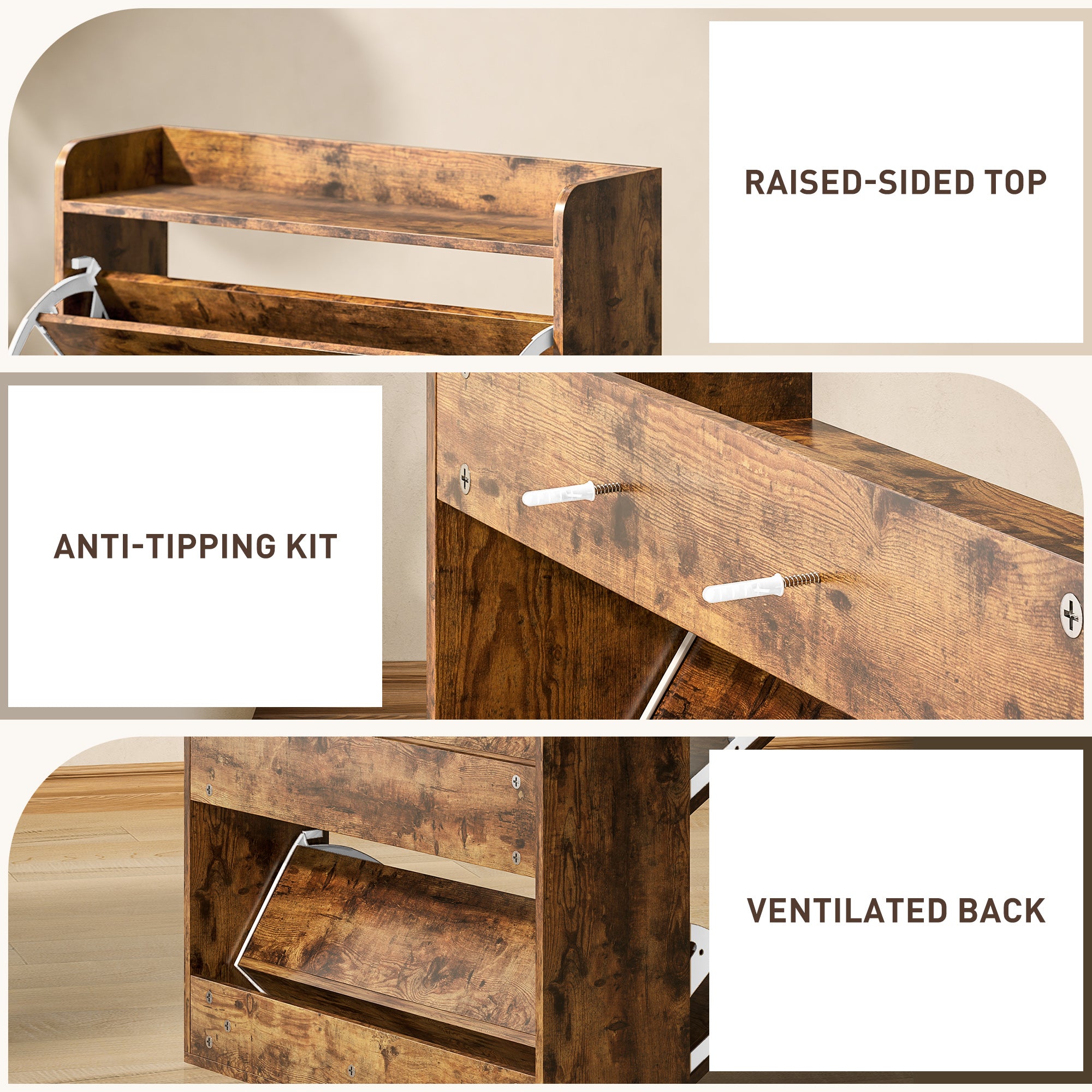 HOMCOM Two Flip Drawer Narrow Shoe Cabinet with Adjustable Shelves - Rustic Brown - North Peak Garden Furniture