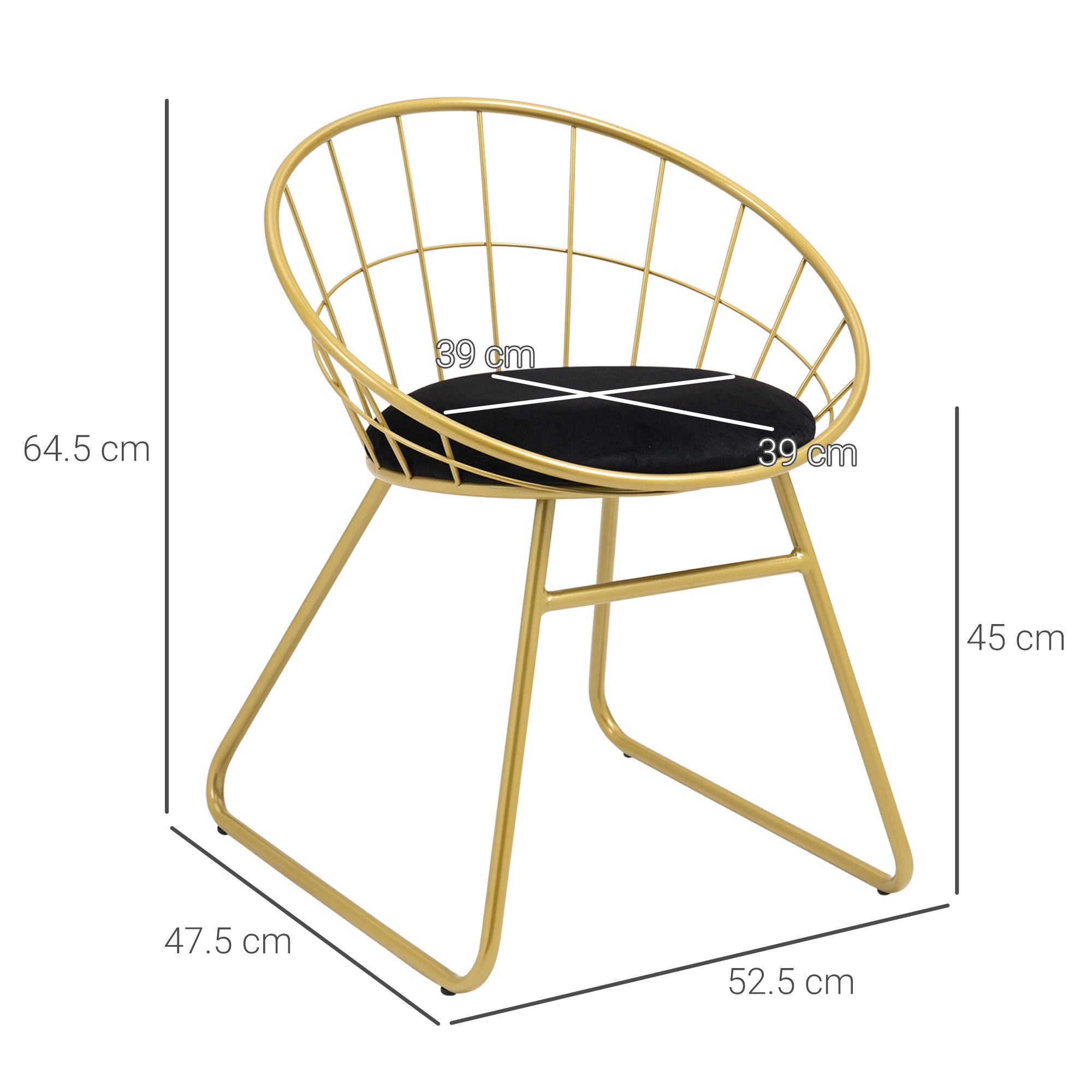 HOMCOM Modern Dining Chairs Set of 2, Metal Wire Kitchen Chair with Velvet-feel Cushion, Round Back and Steel Frame for Living Room, Bedroom, Gold - North Peak Garden Furniture