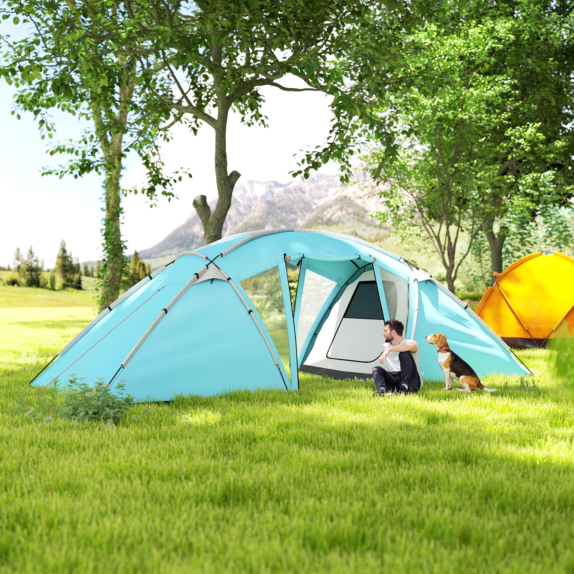 Outsunny 4-6 Man Family Camping Tent w/ 2 Bedrooms and a Living Room, Waterproof Tunnel Tent w/ Sewn In Groundsheet, Doors, Windows, Carry Bag, Blue - North Peak Garden Furniture