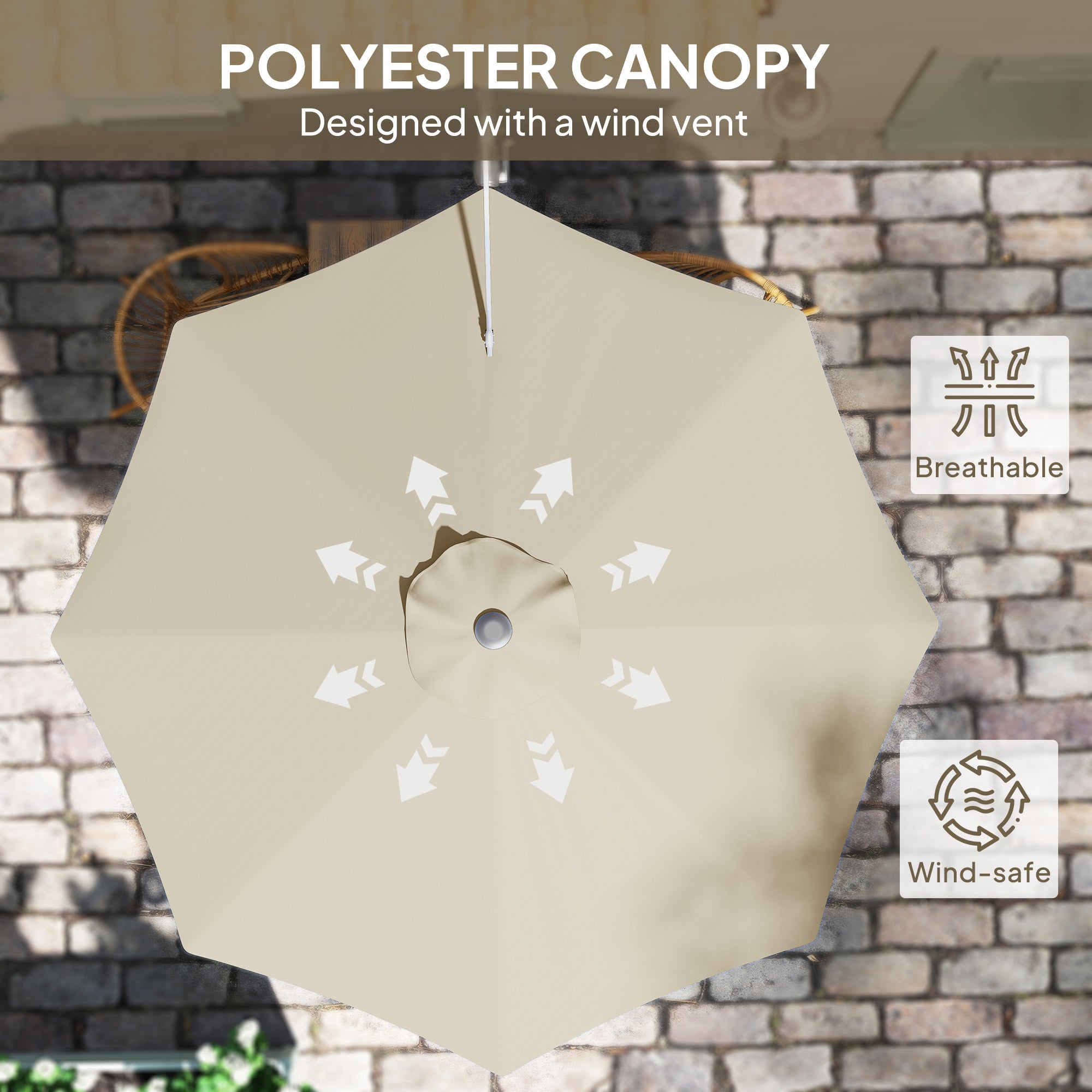 Outsunny 3(m) Wall-Mounted Parasol Shade, with Handle - Khaki - North Peak Garden Furniture