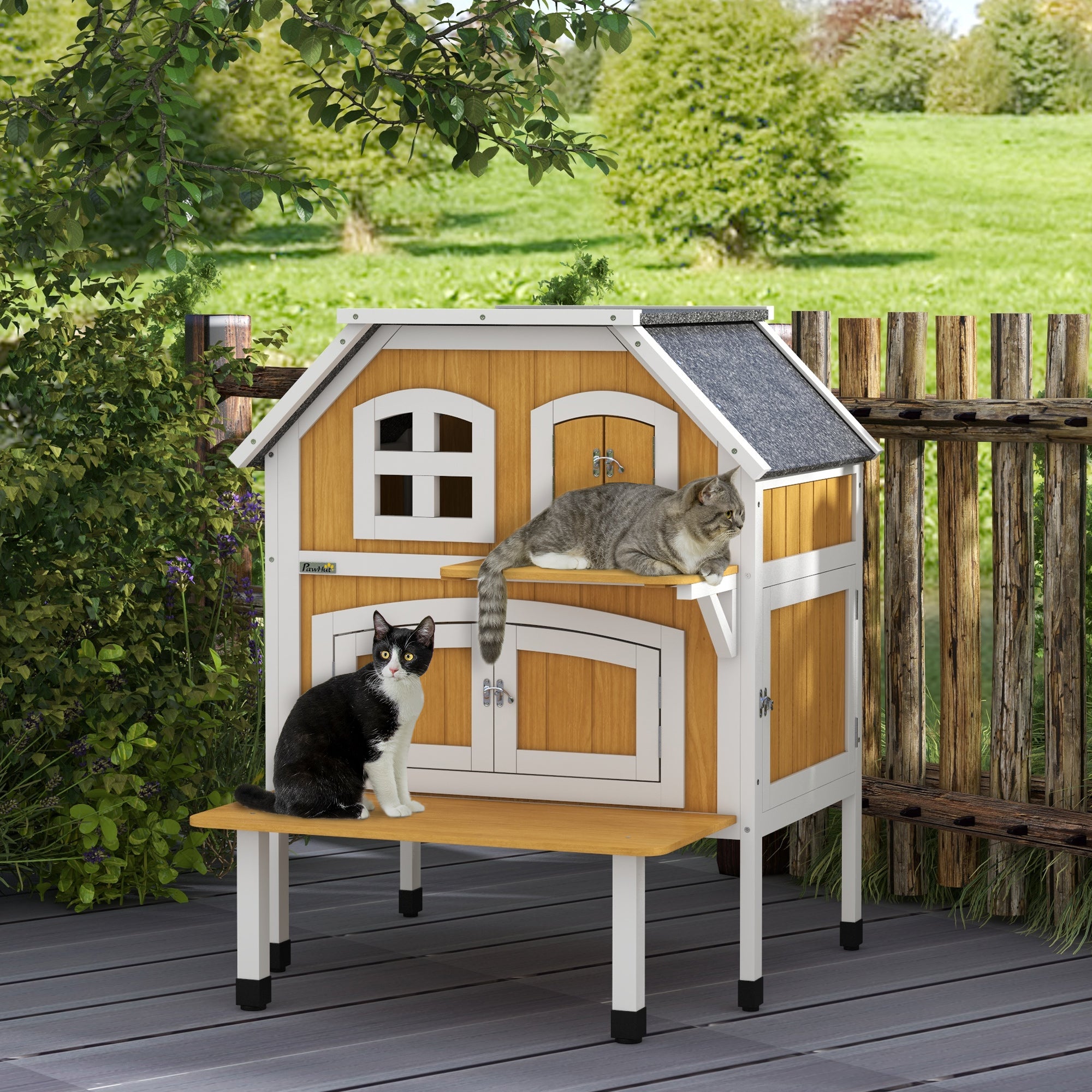 PawHut Outdoor Cat Shelter 2 Tiers Wooden Feral Cat House with Openable Asphalt Roof, Escape Doors, Terrace, for 1-2 Cats - North Peak Garden Furniture