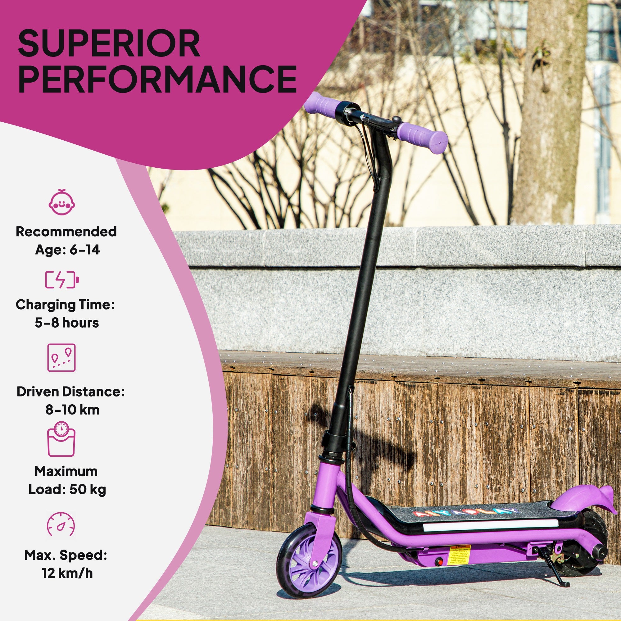 AIYAPLAY Electric Scooter for Kids Ages 6-14, with Dual Brakes, Flash Wheel and Colourful Light, Kids Electric Scooter E Scooter, Up to 12 KM/H & 10 KM, Purple - North Peak Garden Furniture