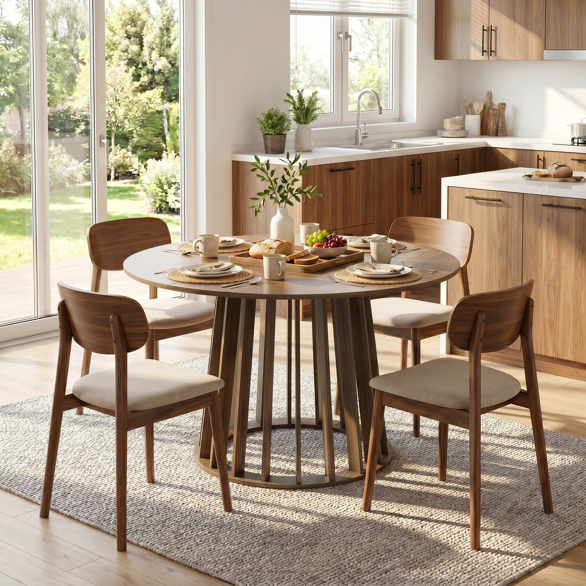HOMCOM Dining Table for 4-6 People Modern Kitchen Table with Slatted Base 120 cm Round Light Walnut