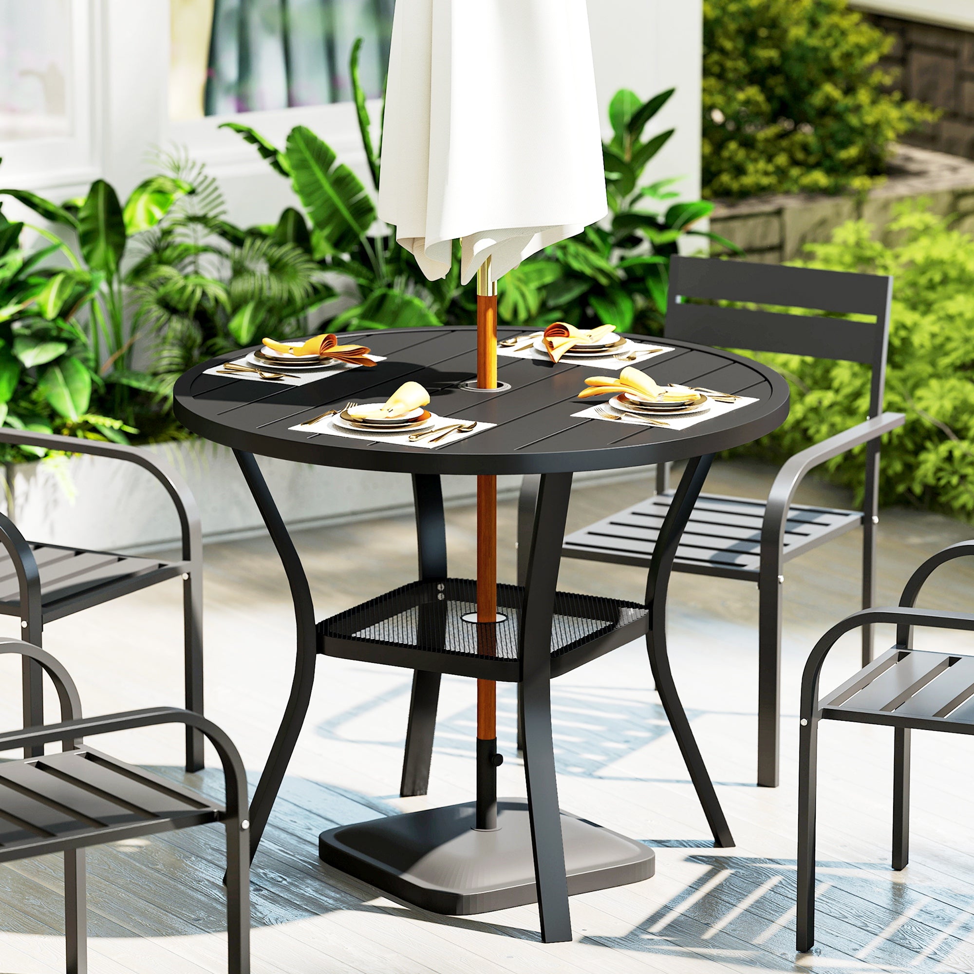 Outsunny 90 cm Garden Dining Table with 4-5 cm Parasol Hole, Round Outdoor Dining Table, Steel Garden Table with Slatted Metal Top and Wire Shelf for Balcony, Porch, Black - North Peak Garden Furniture
