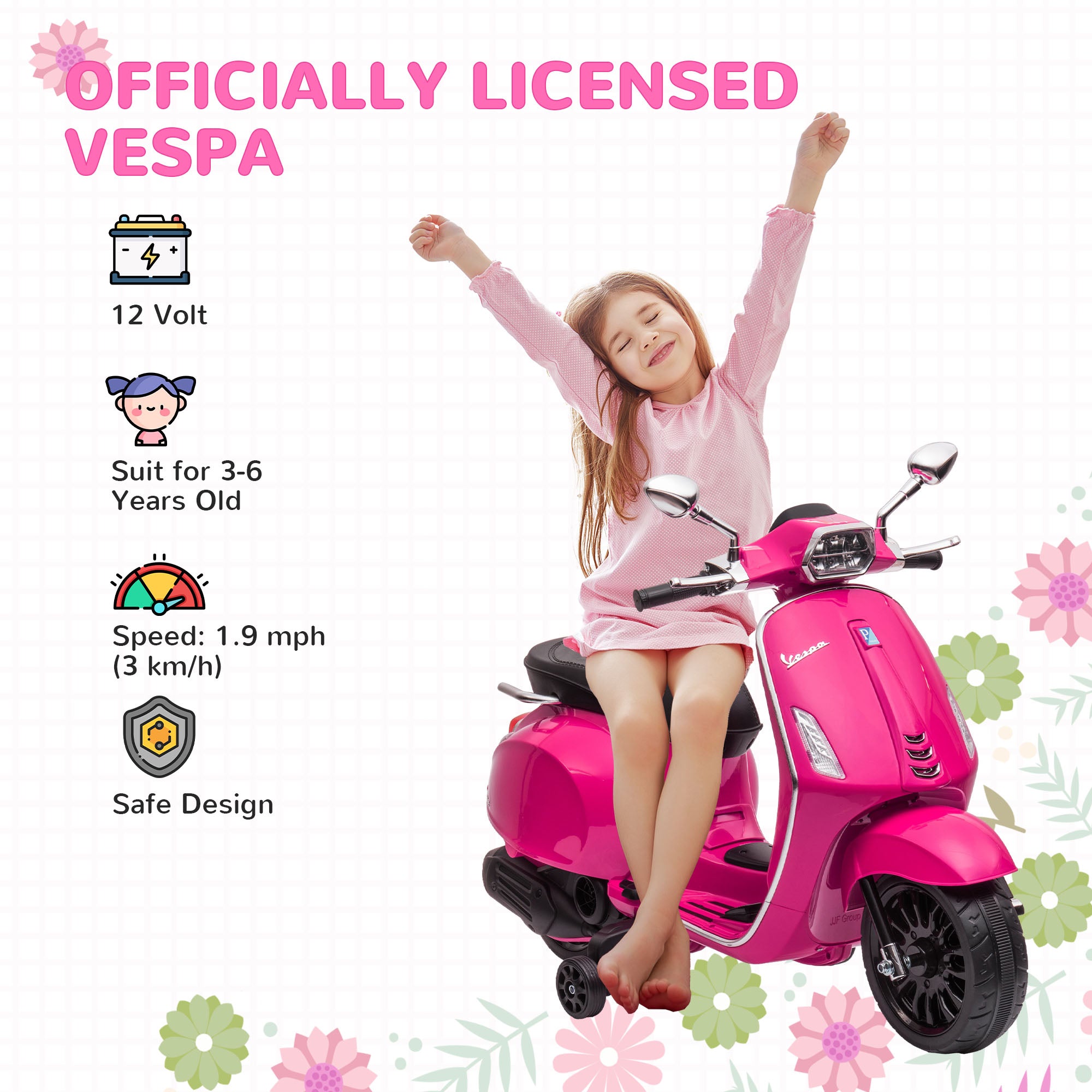AIYAPLAY 12V Vespa Licensed Kids Electric Motorbike w/ Music, Headlights, FM Radio, for 3-6 Years - Pink - North Peak Garden Furniture