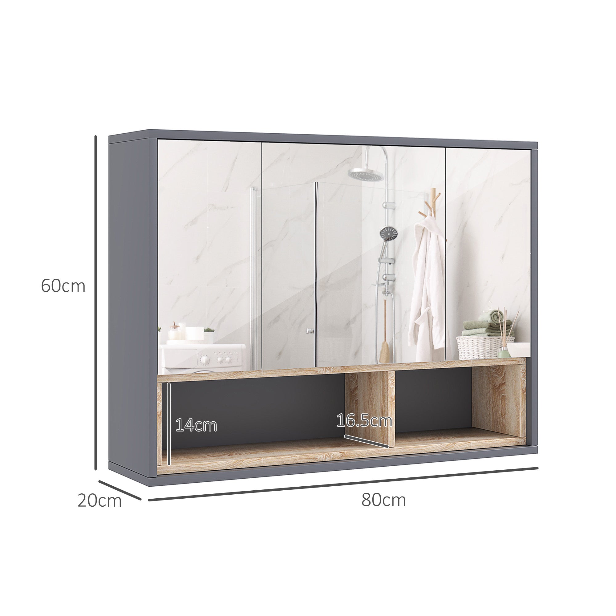 HOMCOM Bathroom Mirror Cabinet, Wall Mounted Bathroom Cabinet with Mirror, 3 Doors and Cupboards, Grey - North Peak Garden Furniture
