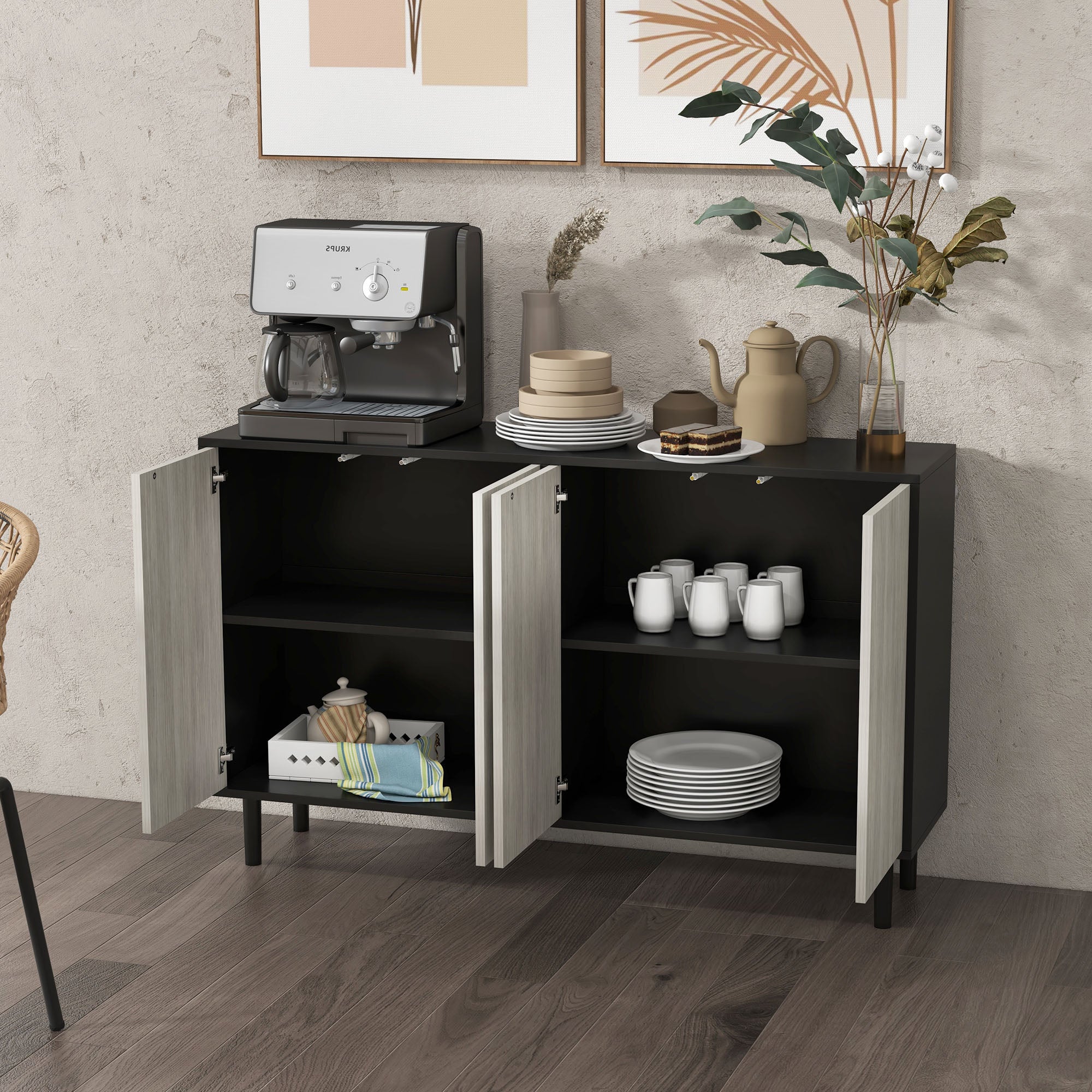 HOMCOM Kitchen Sideboard Storage Cabinet for Living Room with Adjustable Shelves 4 Doors and Pine Wood Legs Black - North Peak Garden Furniture