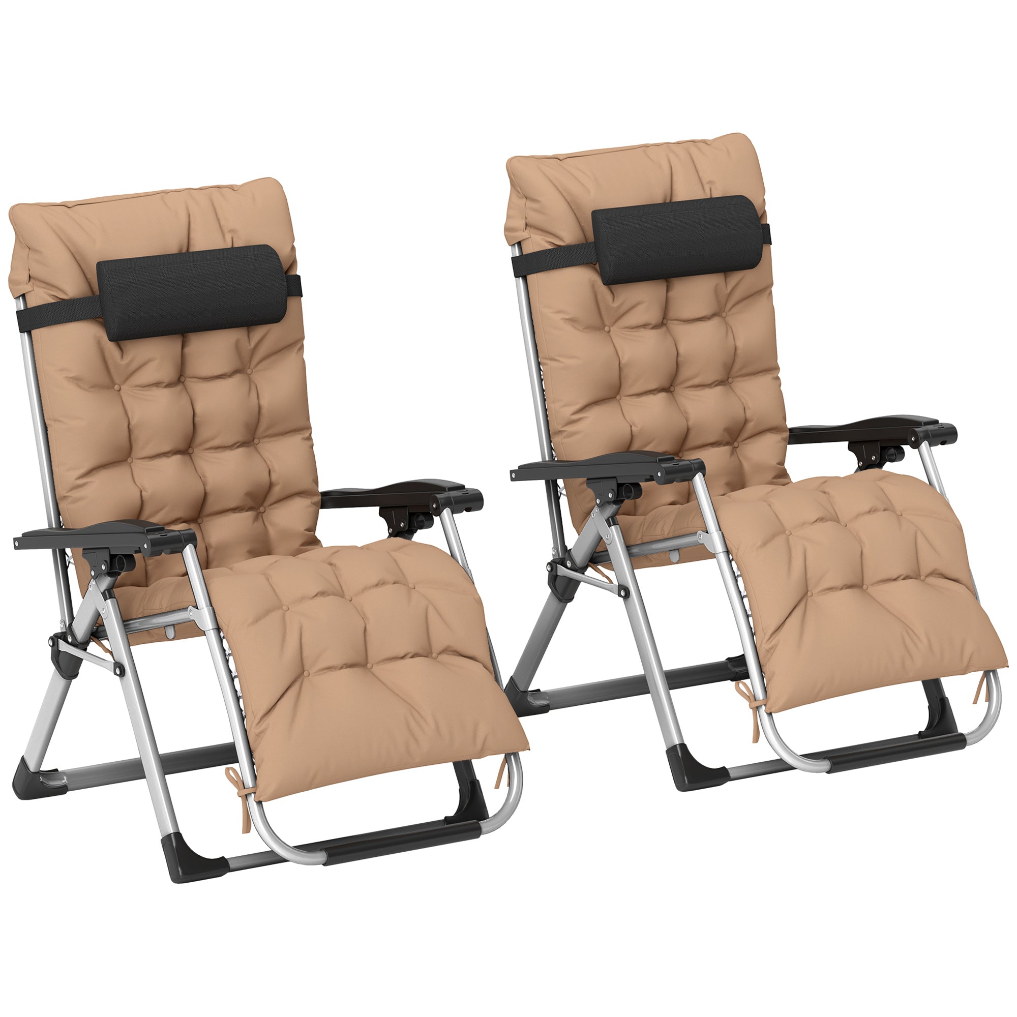 Outsunny 2 Piece Reclining Zero Gravity Sun Loungers with Cushions, Khaki - North Peak Garden Furniture