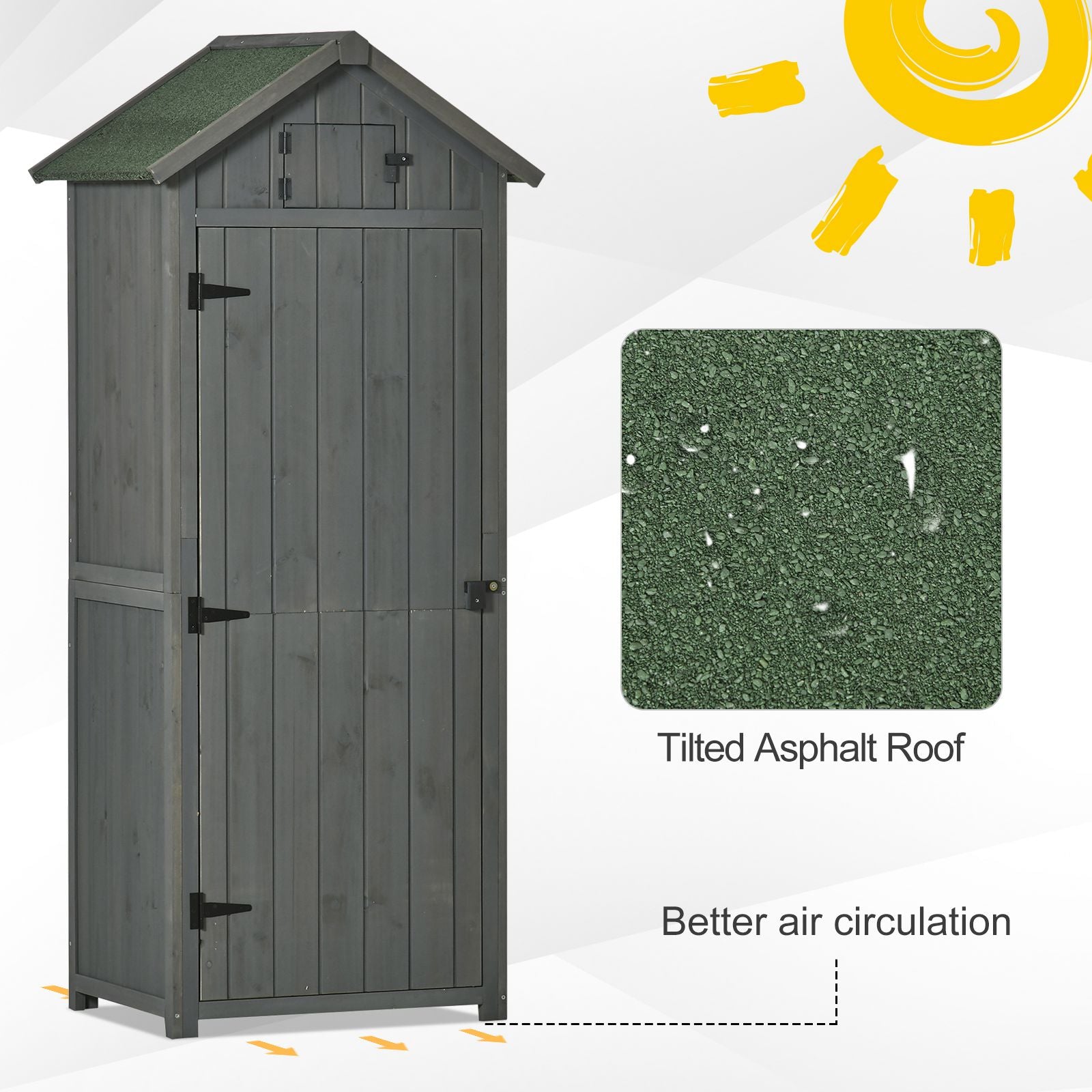 Outsunny Wooden Garden Shed, Utility Outdoor Small Shed with Lockable Double Doors, Shelves and Roof Hatch, Grey - North Peak Garden Furniture