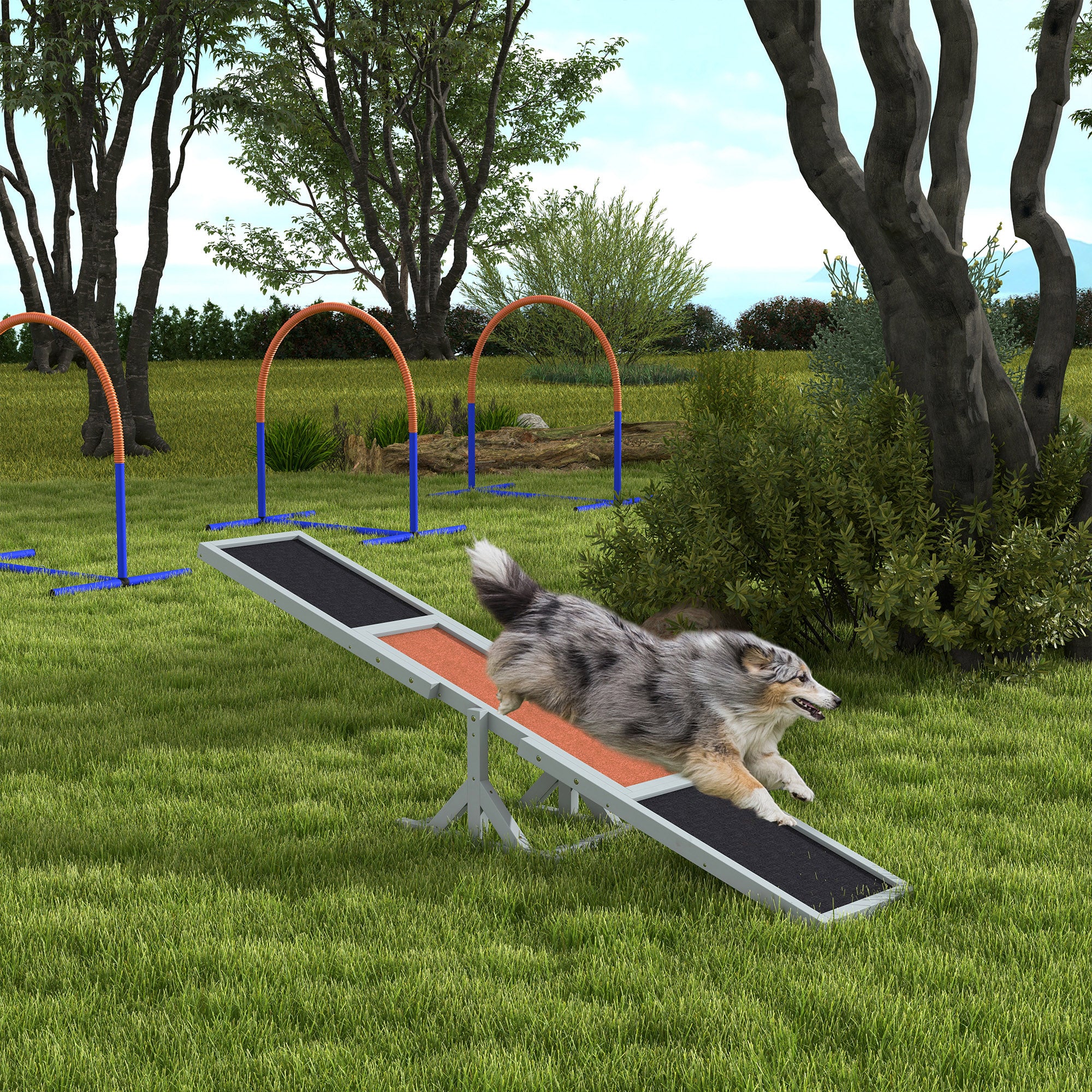PawHut Wooden Pet Seesaw for Big Dogs, Dog Agility Equipment with Anti-Slip Surface - Grey - North Peak Garden Furniture
