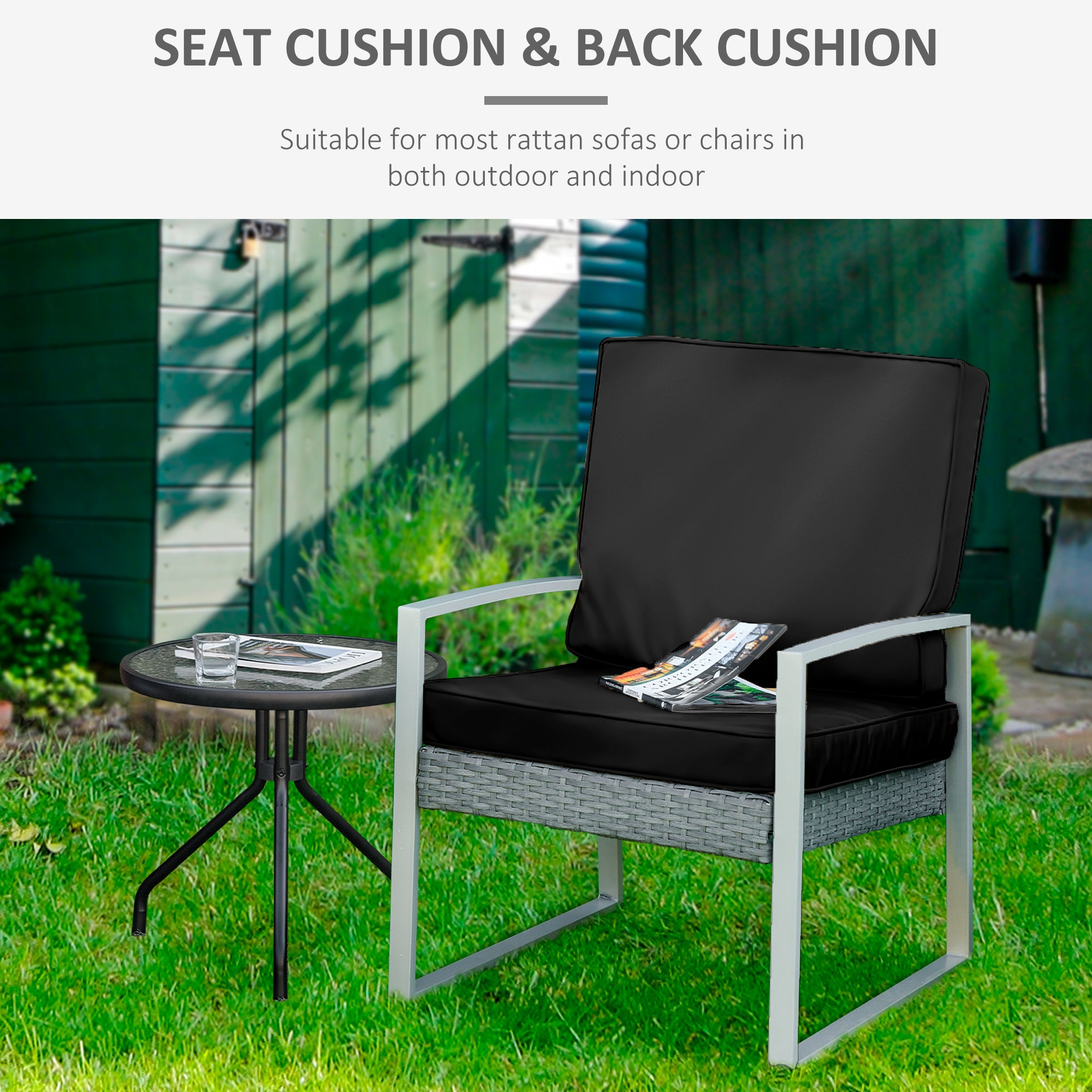 Outsunny 2 Piece Garden Chair Cushions with 1 Seat Cushion 1 Back Pad for Rattan Sofa Chair, Outdoor Seat Pads for Indoor and Outdoor Use, Black - North Peak Garden Furniture
