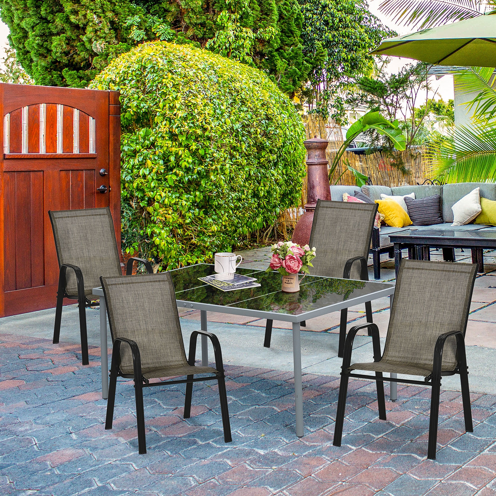 Outsunny Set of Four Stackable Mesh Seat Chairs - Mixed Brown - North Peak Garden Furniture