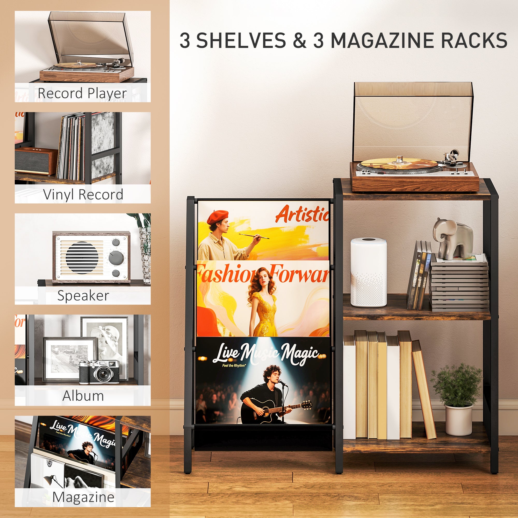 HOMCOM 3-Tier Record Player Stand, End Table for Living Room, Bedroom - Rustic Brown - North Peak Garden Furniture