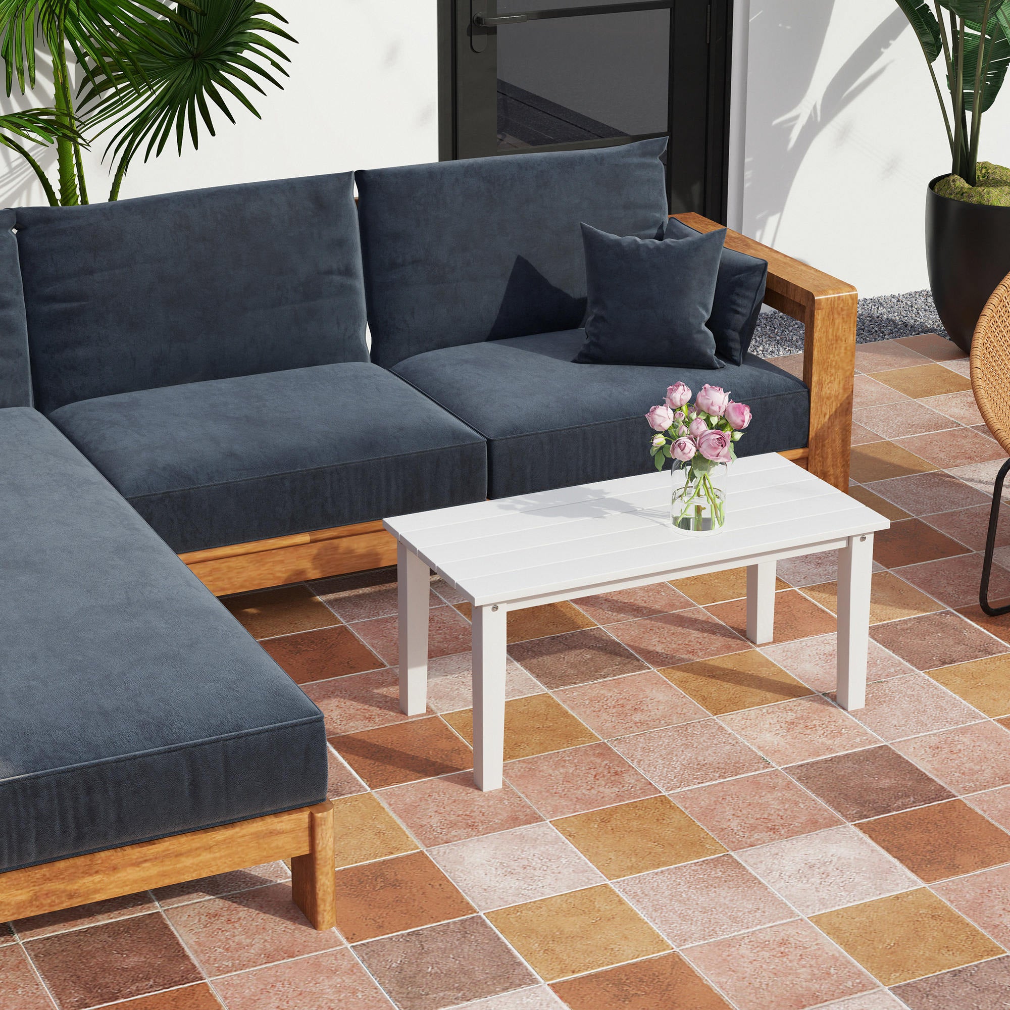 Outsunny Outdoor Garden Coffee Table, HDPE All-Weather Garden Table, Rectangular Outdoor Table with Slatted Tabletop for Patio, Balcony, 91 x 44 x 42 cm, White - North Peak Garden Furniture