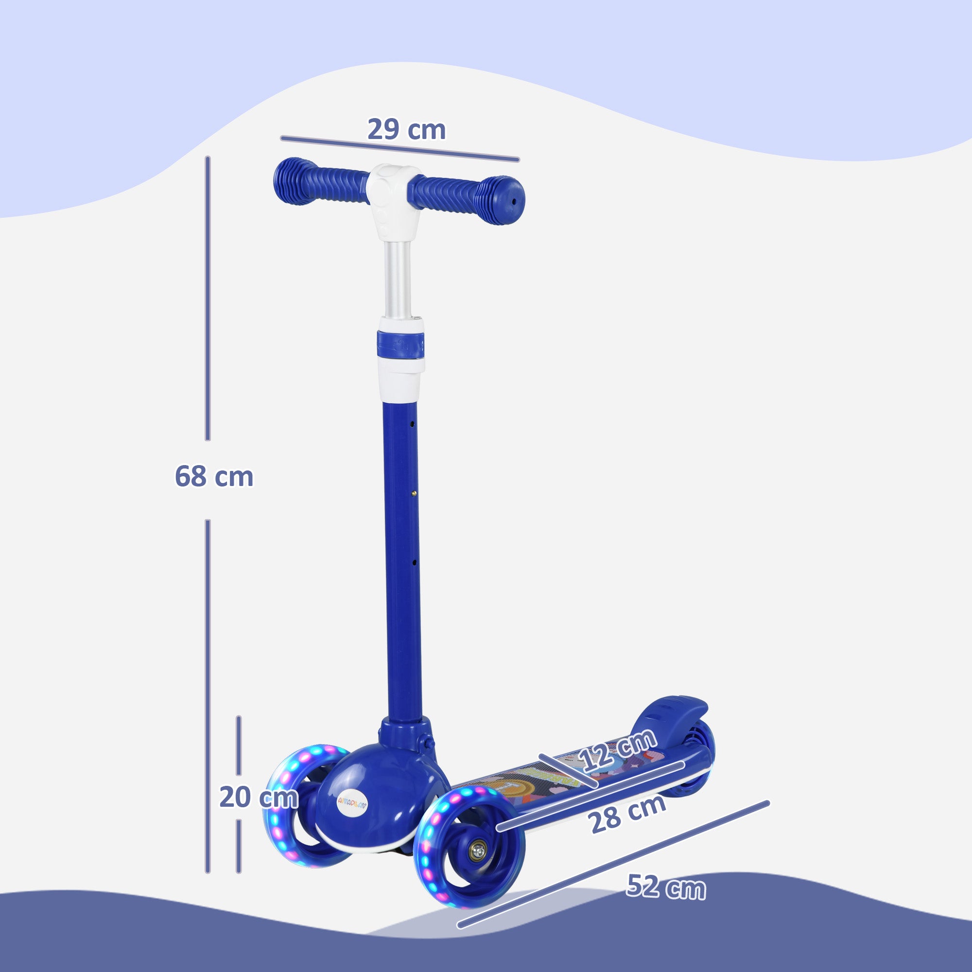 AIYAPLAY Kids 3 Wheel Scooter for 2-6 Years Old w/ Adjustable Height, LED Light, TPE Handlebar, Blue - North Peak Garden Furniture