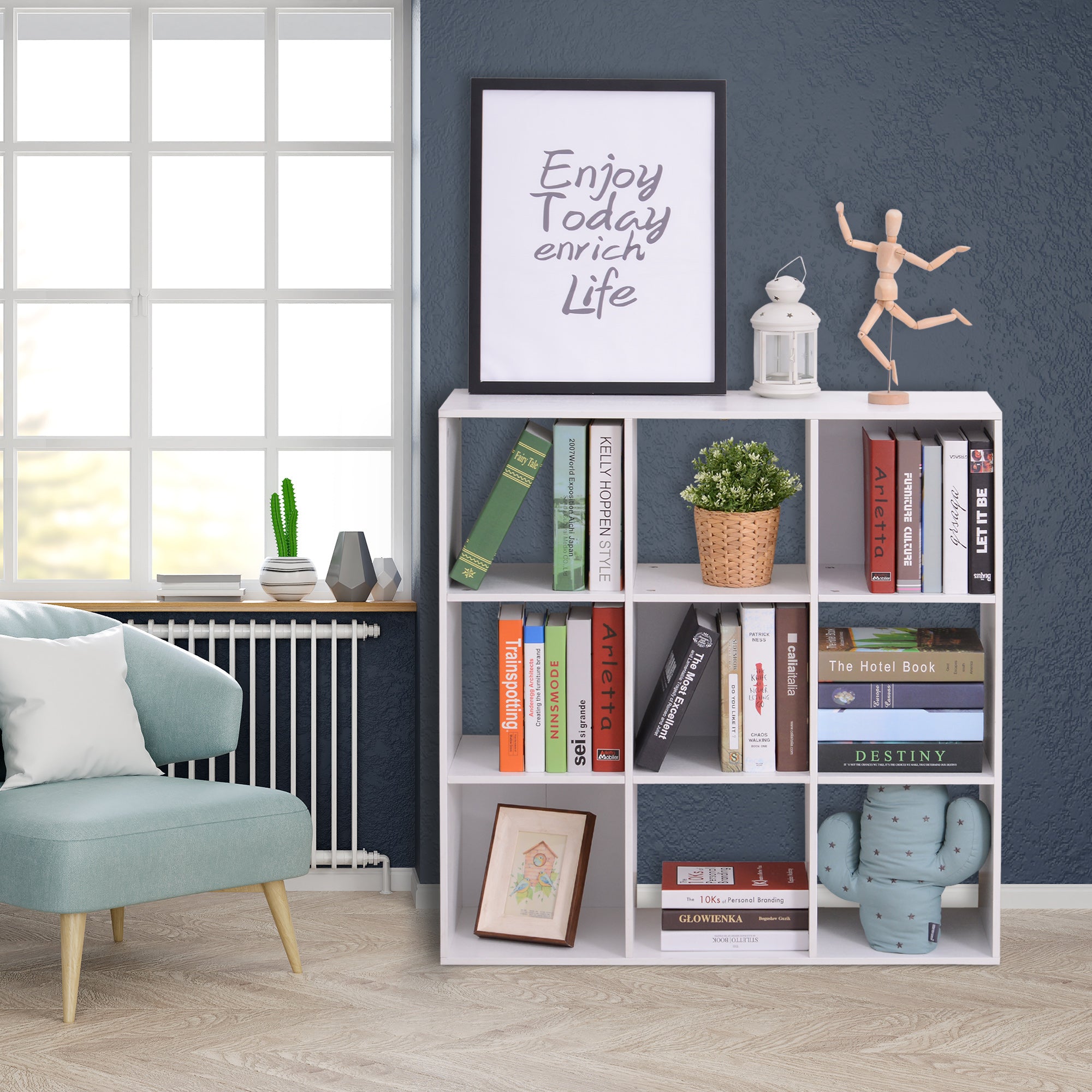 HOMCOM Wooden 9 Cube Storage Cabinet Unit 3 Tier Bookcase Shelves Organiser Rack Display - White - North Peak Garden Furniture
