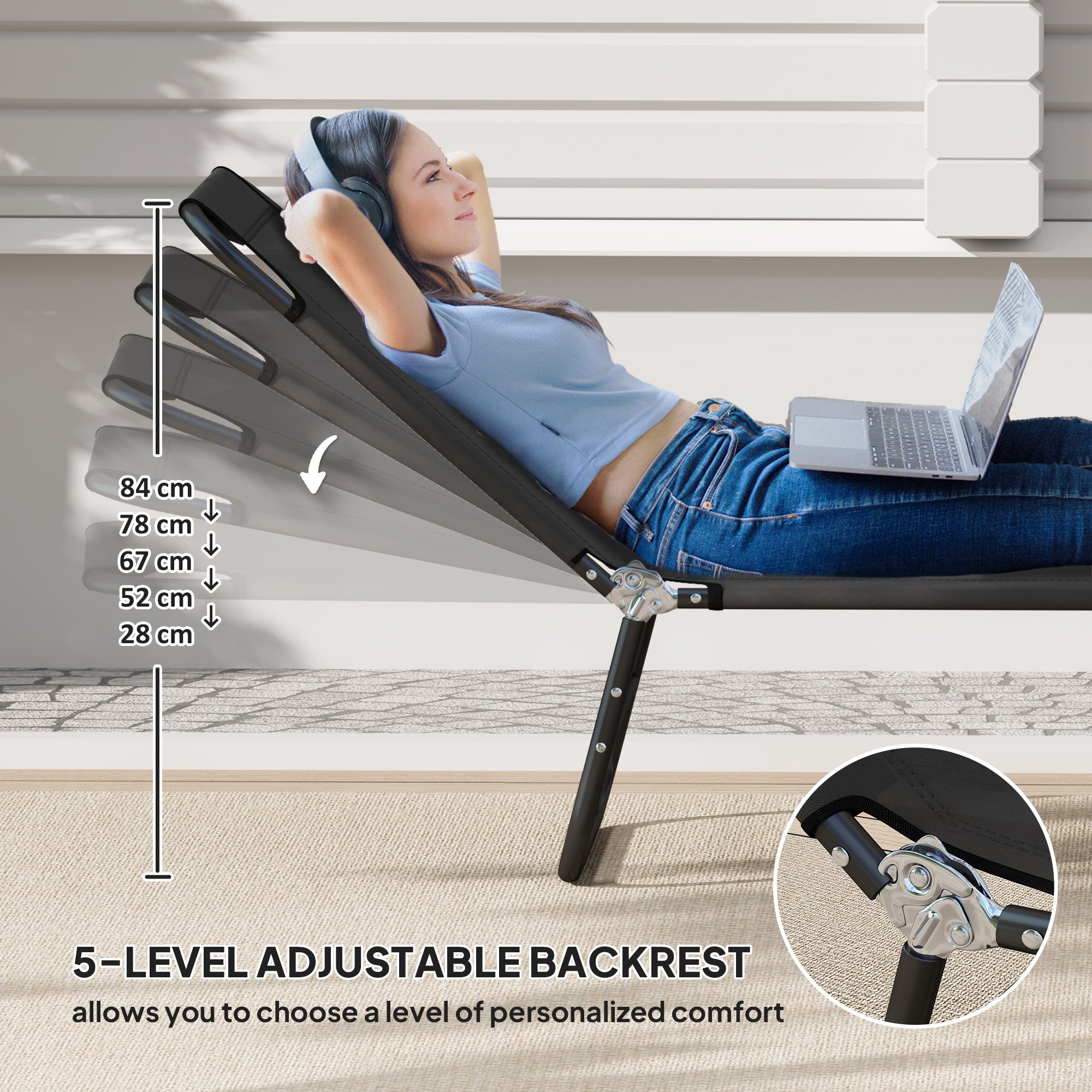 Outsunny Garden Sun Lounger, with Five-Position Back - Black - North Peak Garden Furniture