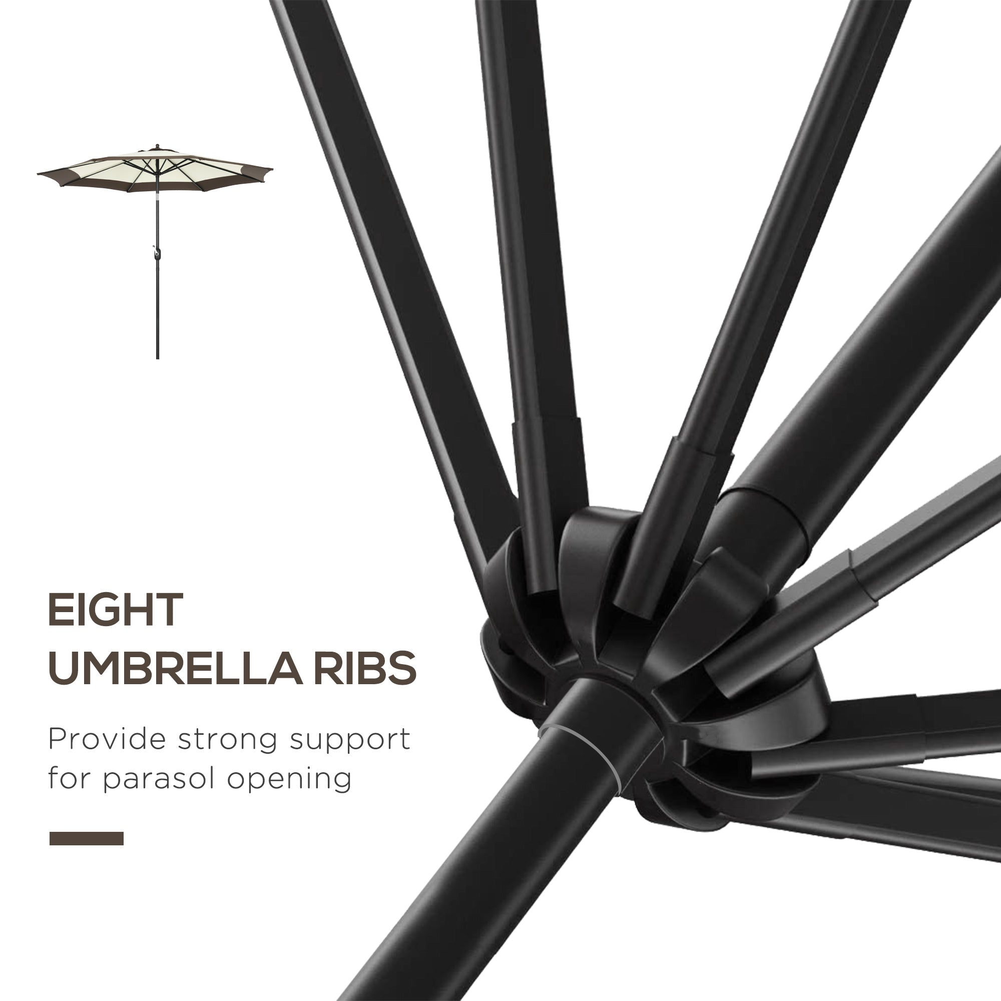 Outsunny 2.7m Garden Parasol Umbrella with 8 Metal Ribs, Tilt and Crank, Outdoor Sunshades for Garden, Patio, Beach, Yard, Coffee - North Peak Garden Furniture