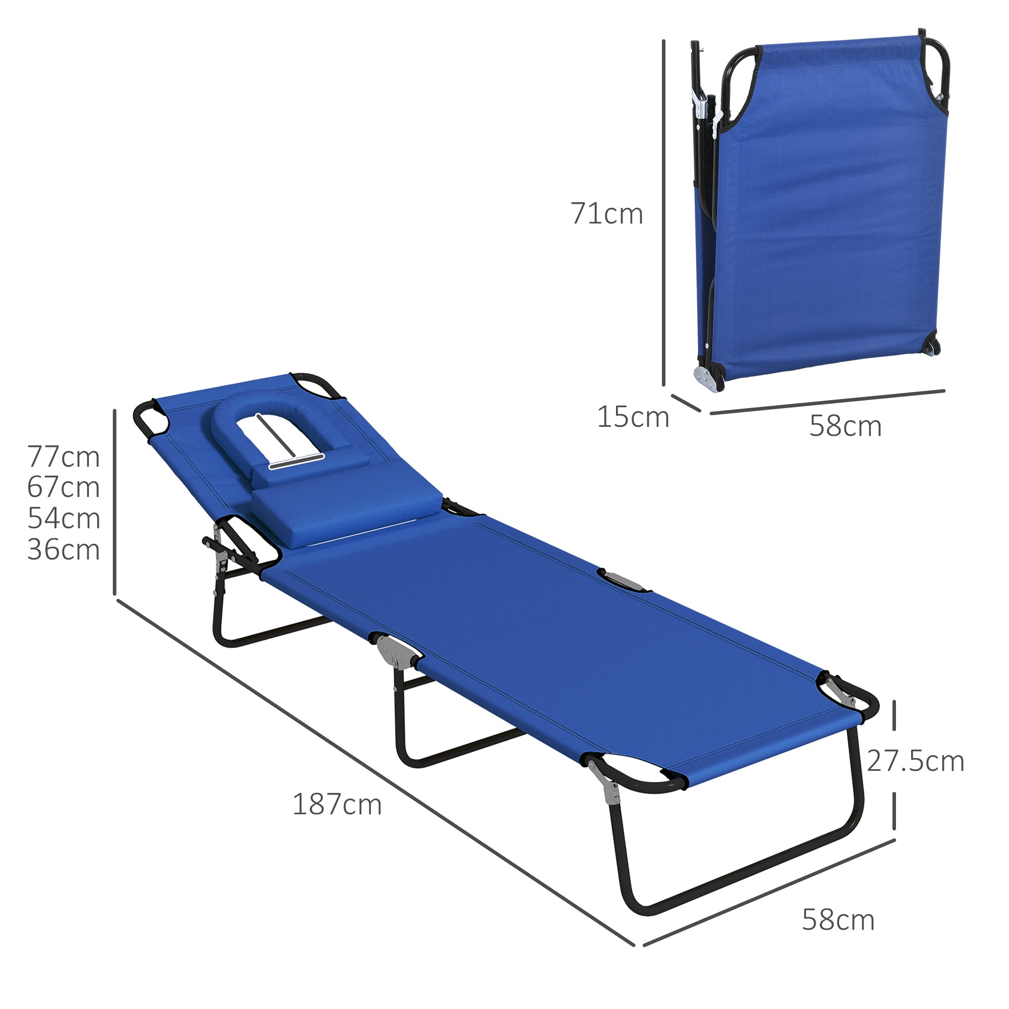 Outsunny Outdoor Foldable Sun Lounger Set of 2, 4 Level Adjustable Backrest Reclining Sun Lounger Chair with Pillow and Reading Hole, Blue