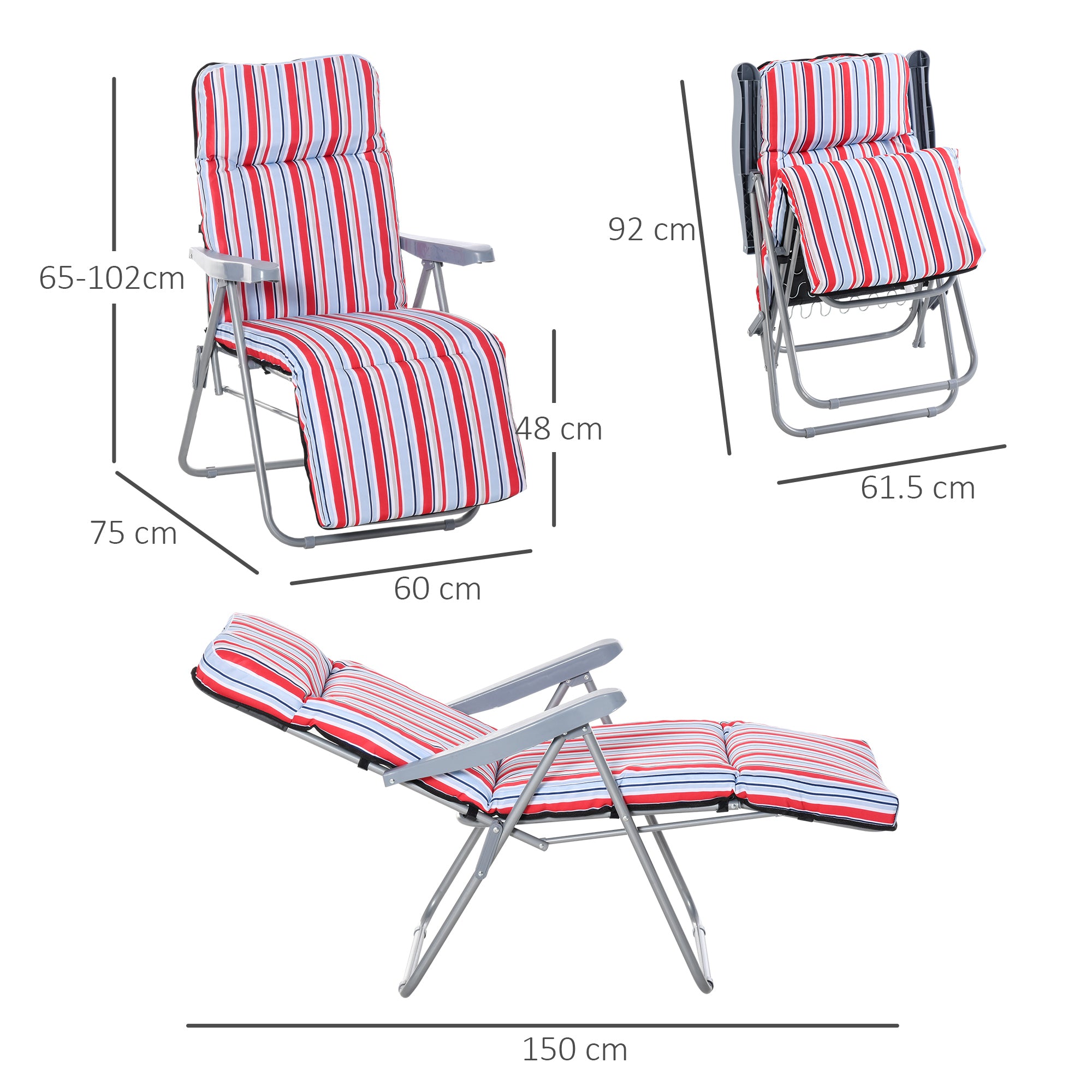 Outsunny Set of 2 Garden Sun Lounger Outdoor Reclining Seat Cushioned Seat Foldable Adjustable Recliner Red and White - North Peak Garden Furniture