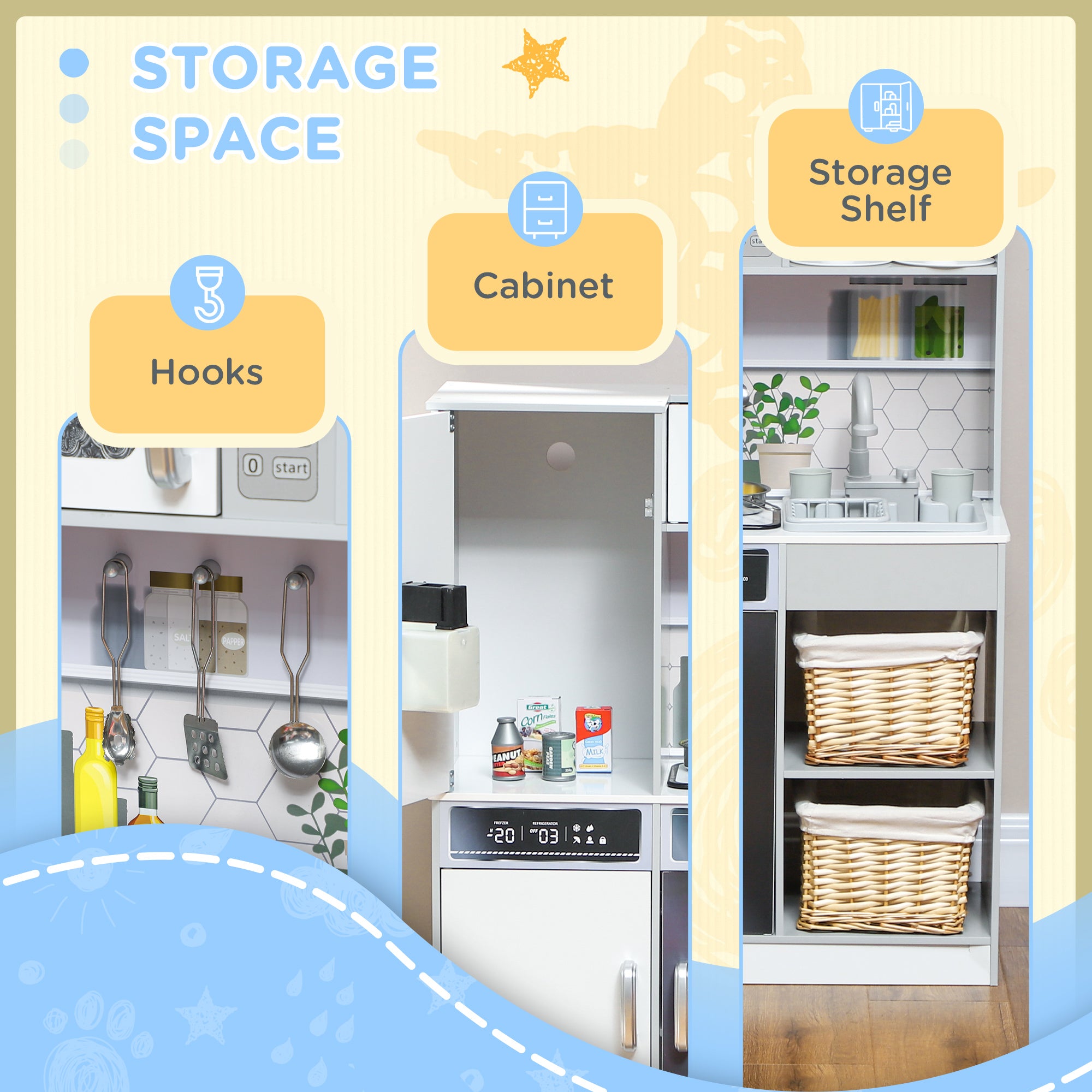 AIYAPLAY Pretend Play Toy Kitchen, Kids Kitchen Playset w/ Sounds and Lights Running Water, Coffee Maker, Refrigerator - North Peak Garden Furniture