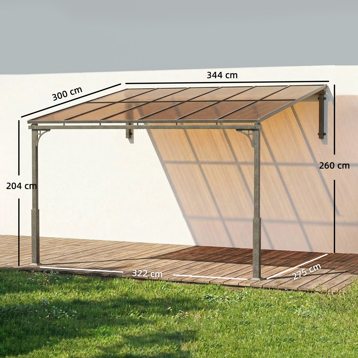 Outsunny 3.4 x 3 m Metal Lean-to Pergola, Wall-Mounted Garden Pergola with Polycarbonate Roof and Metal-Aluminium Frame, Brown
