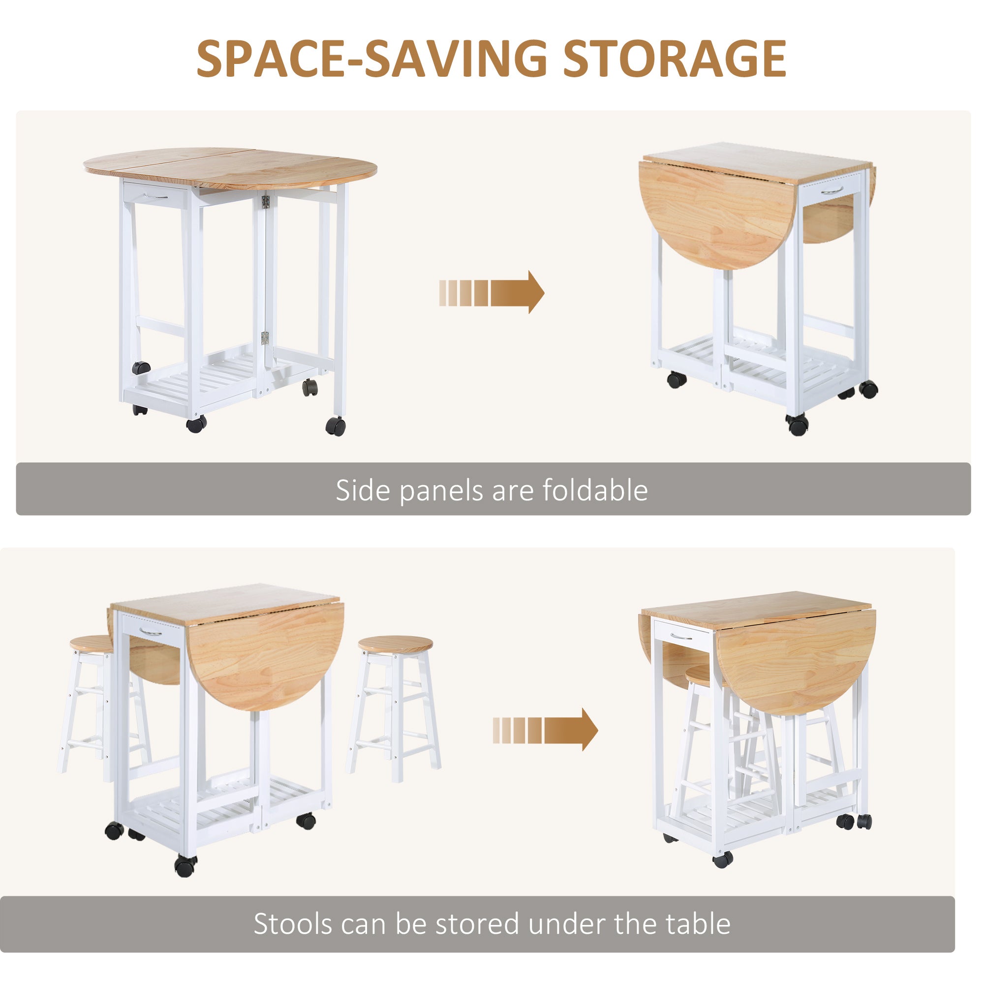 HOMCOM 3PC Wooden Kitchen Cart Mobile Rolling Trolley Folding Bar Table Two Stools Dining Chair Storage Shelf w/2 Drawers & 6 Wheels - North Peak Garden Furniture