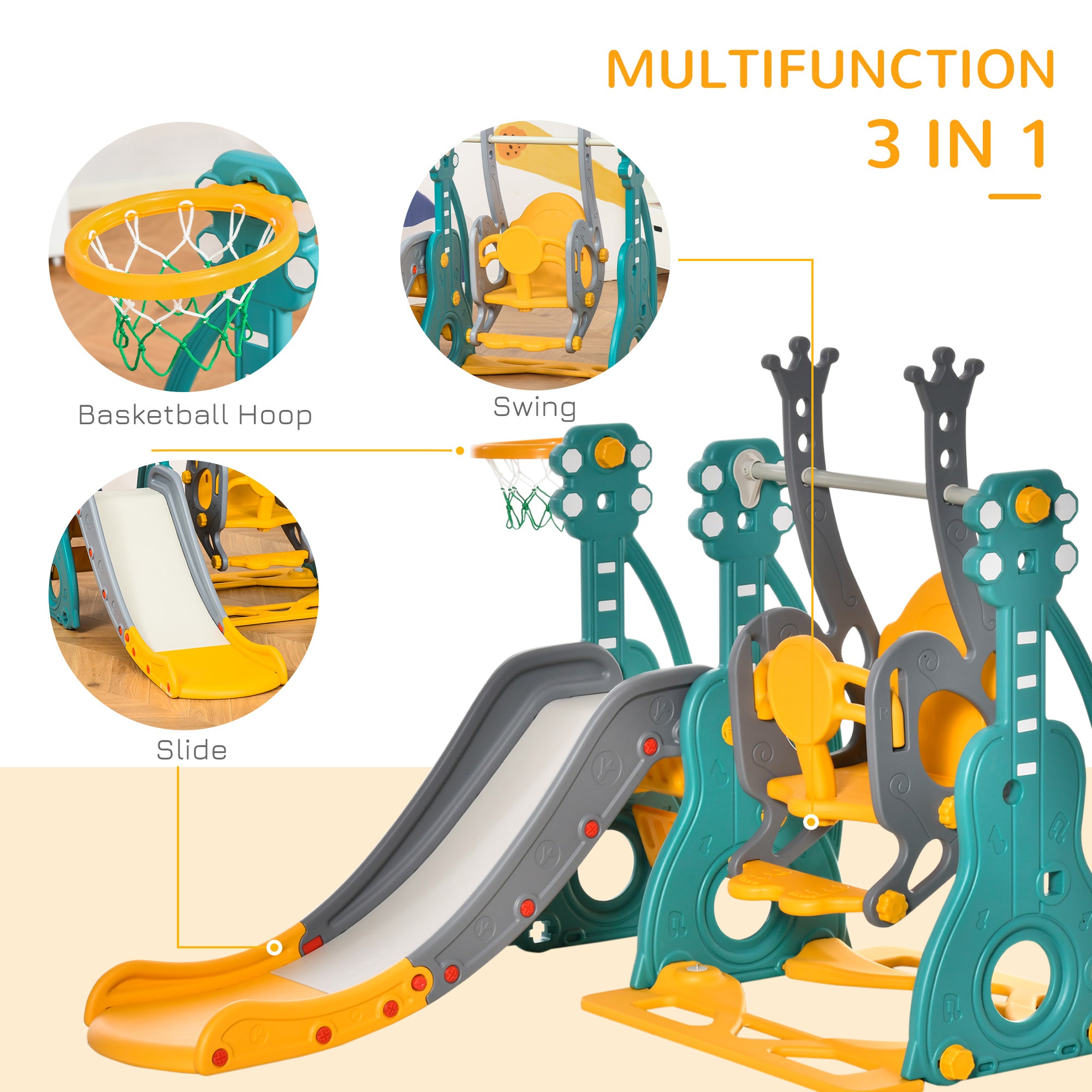 HOMCOM 3-IN-1 Kids Swing and Slide Set with Basketball Hoop Slide Swing Adjustable Seat Height Toddler Playground Activity Center Indoor and Outdoor Play Equipment - North Peak Garden Furniture