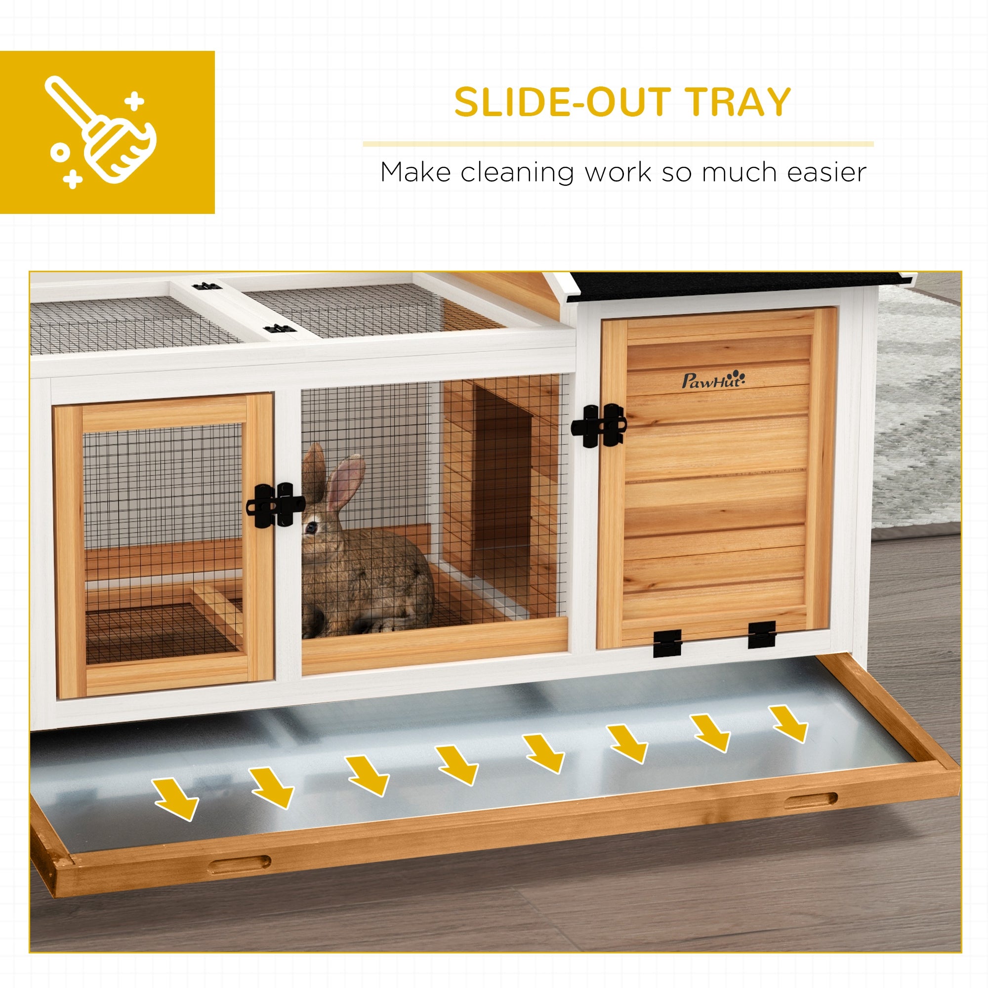 PawHut Wooden Rabbit Hutch, Guinea Pig Cage, with Removable Tray, Wheels - Yellow - North Peak Garden Furniture