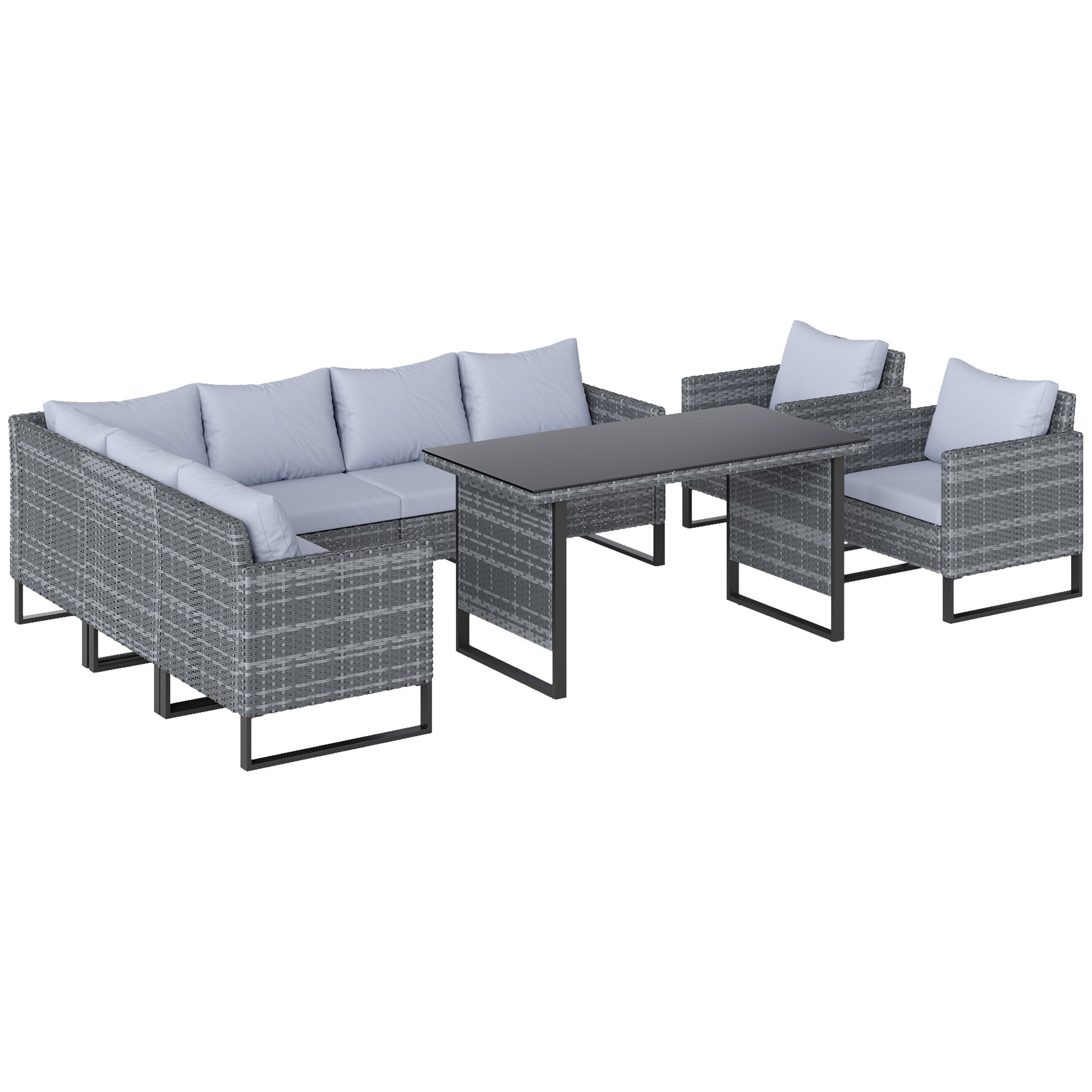 Outsunny 9 Piece Rattan Garden Furniture Set, 8 Seater Garden Corner Sofa with Cushions and Glass Top Table, Sectional Outdoor Furniture Conservatory Set for Patio, Light Grey - North Peak Garden Furniture