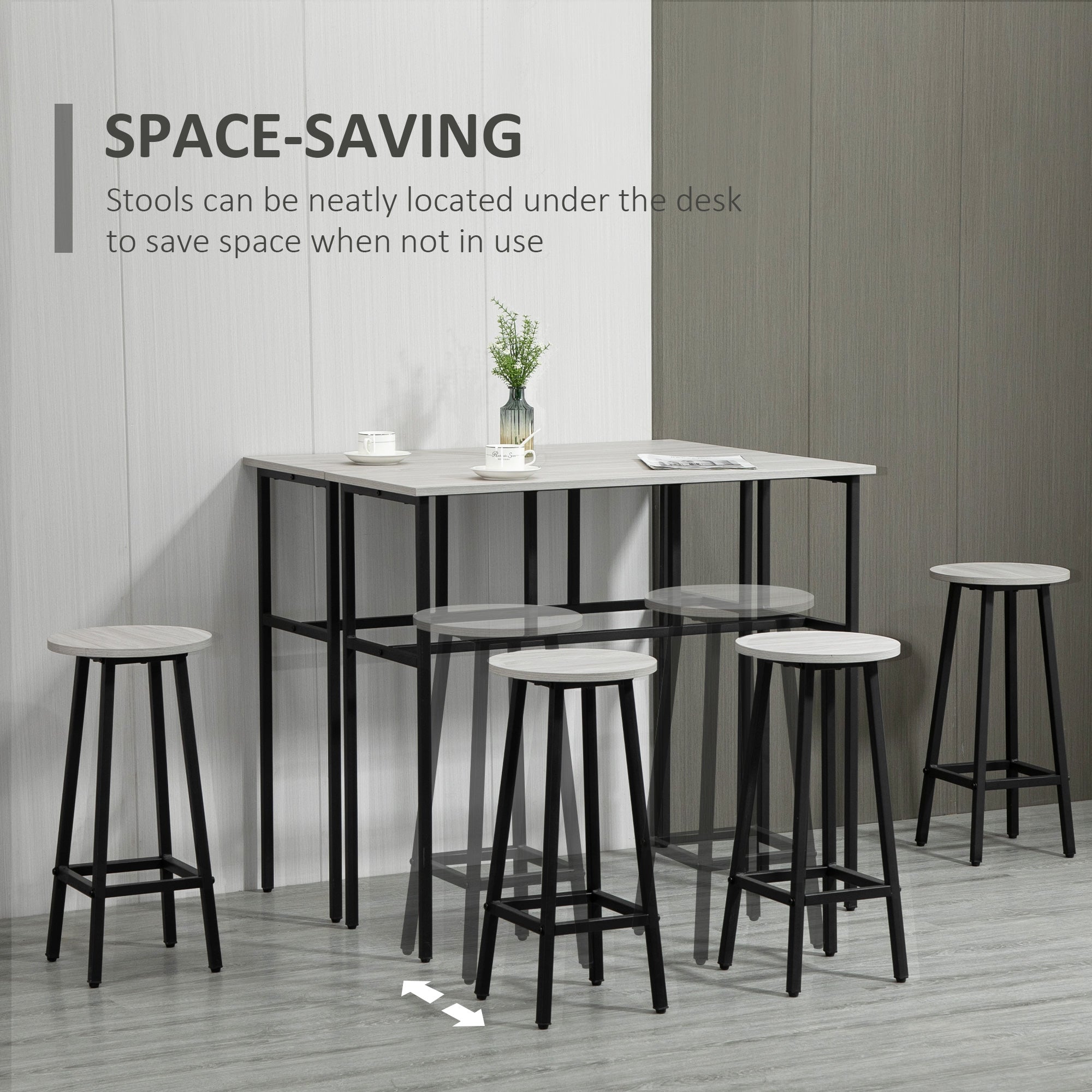 HOMCOM 6-Piece Bar Table Set, 2 Breakfast Tables with 4 Stools, Counter Height Dining Tables & Chairs for Kitchen, Living Room, Grey - North Peak Garden Furniture