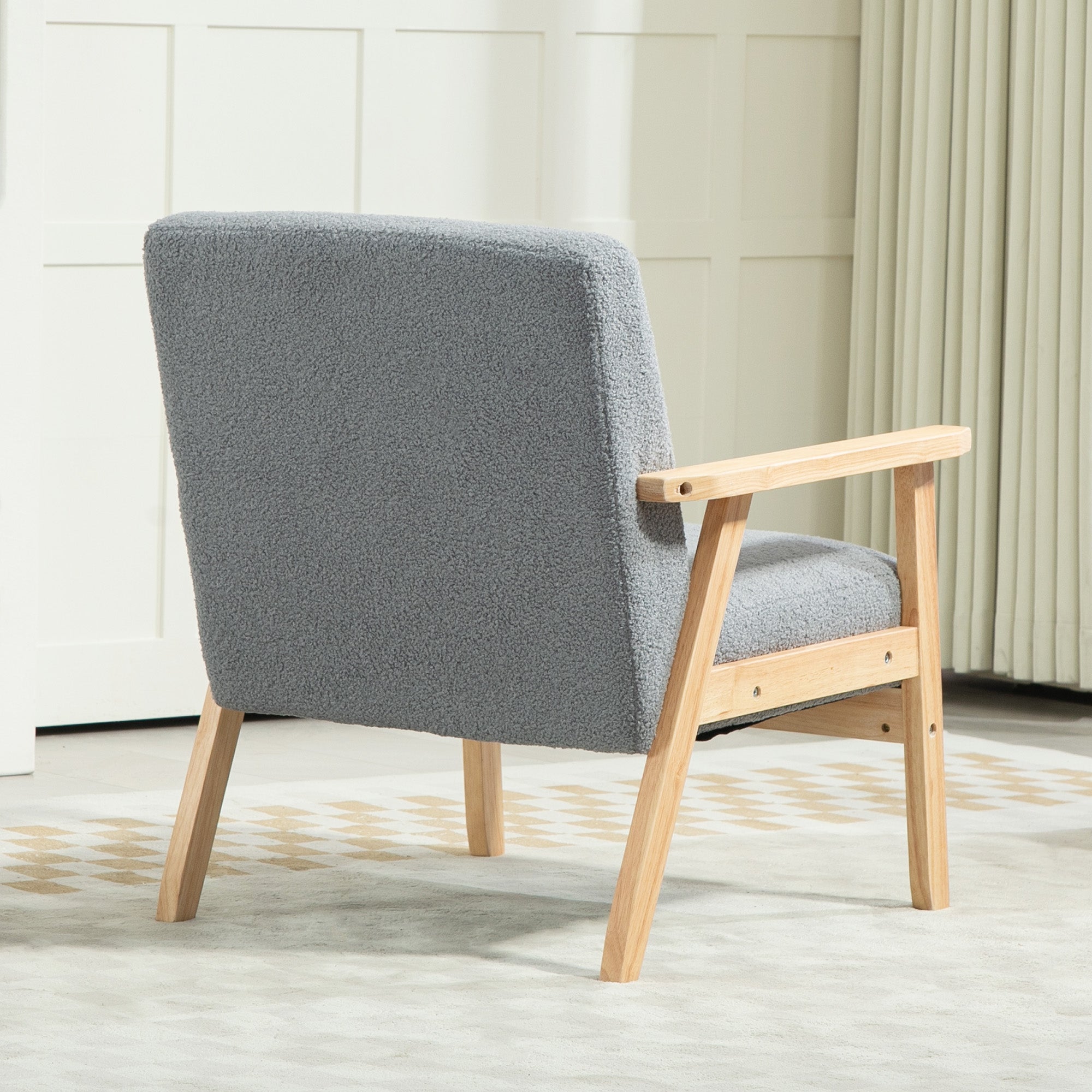 HOMCOM Accent Chair Wood Frame with Thick Cashmere Cushions Wide Seat Armchair Home Furniture Bedroom Office Grey - North Peak Garden Furniture