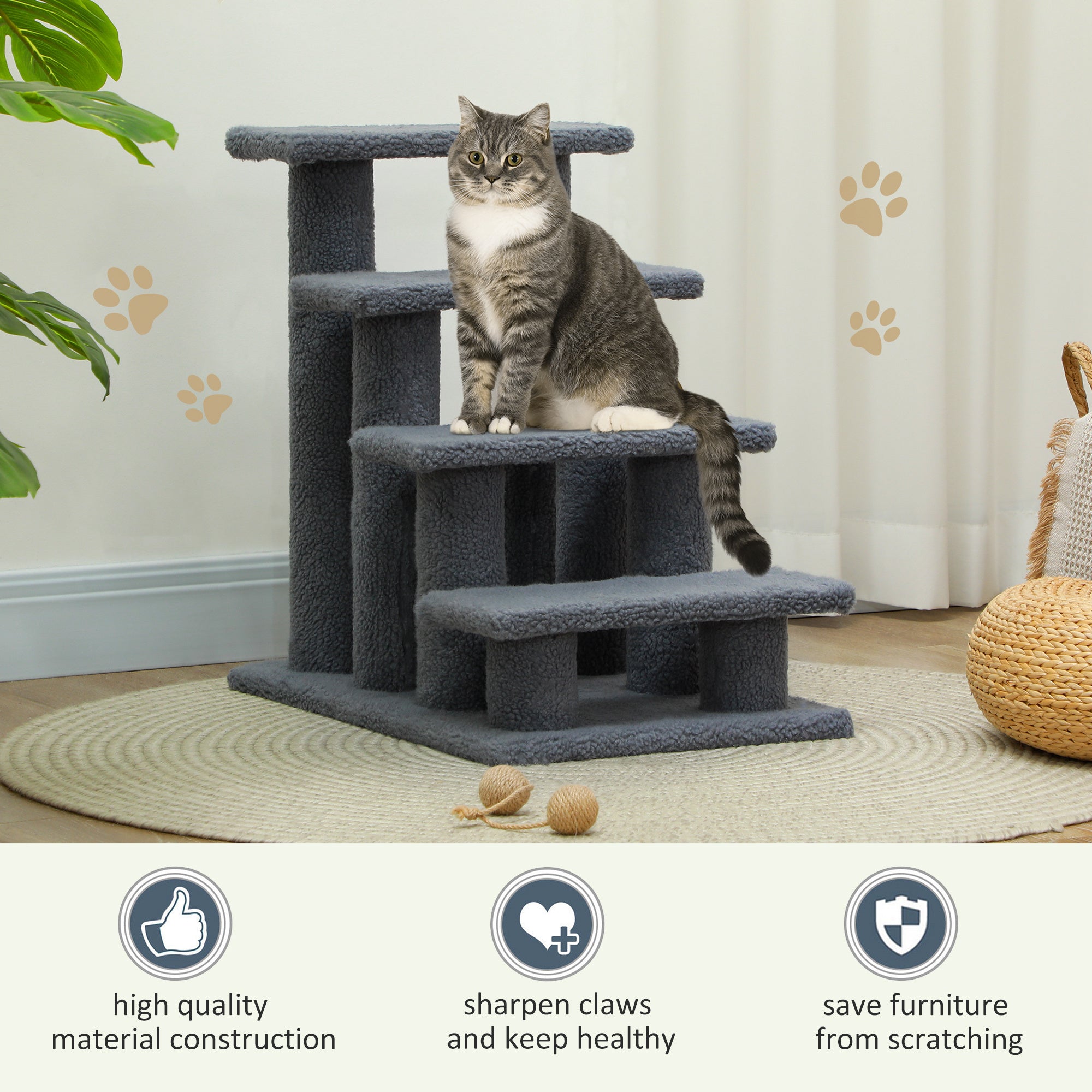 PawHut Dog Steps for Bed 4 Step Pet Stairs for Sofa Dog Cat Climb Ladder 63x43x60 cm Grey - North Peak Garden Furniture
