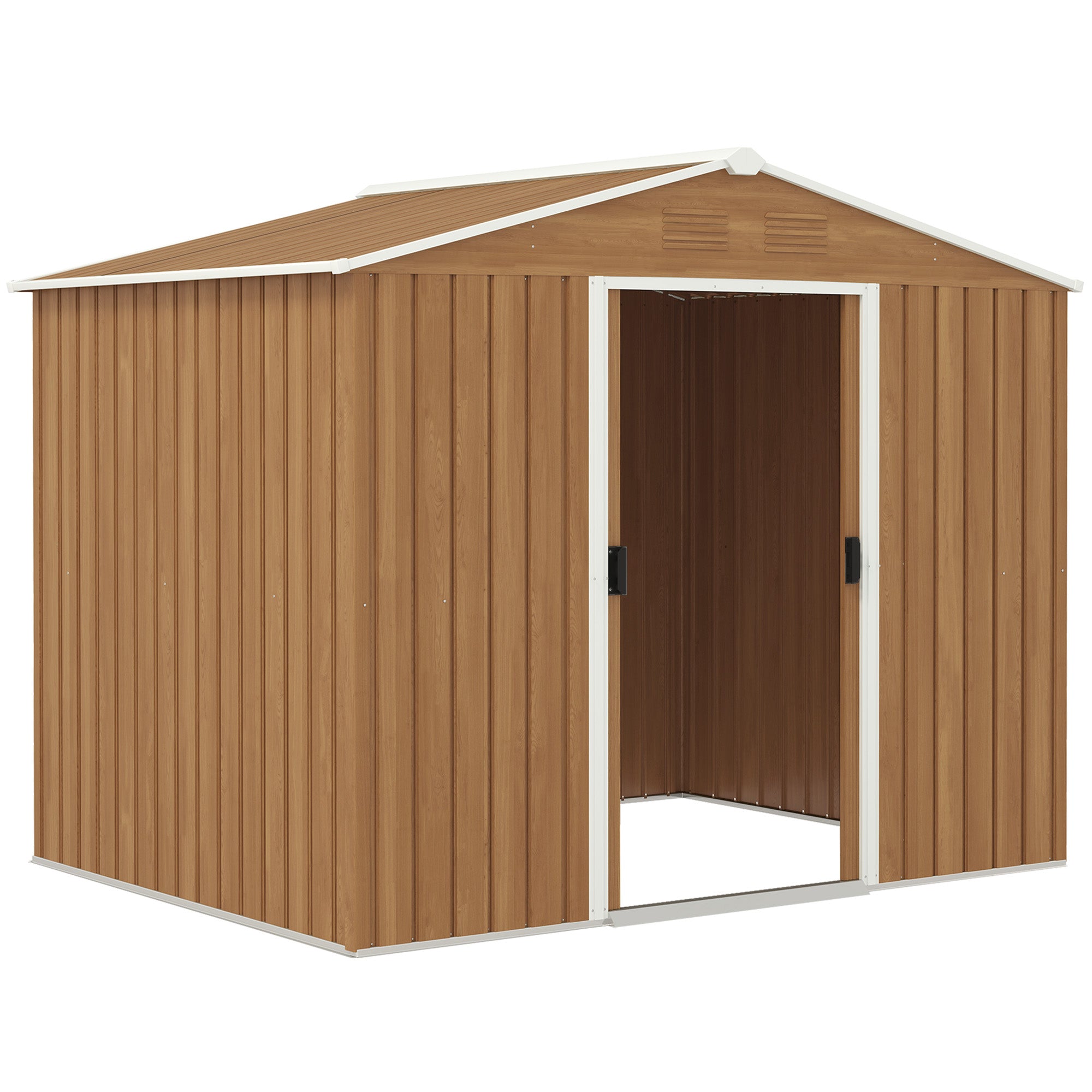 Outsunny 8 x 6ft Outdoor Garden Storage Shed, Metal Tool House with Ventilation and Sliding Doors Chocolate Wood Effect - North Peak Garden Furniture
