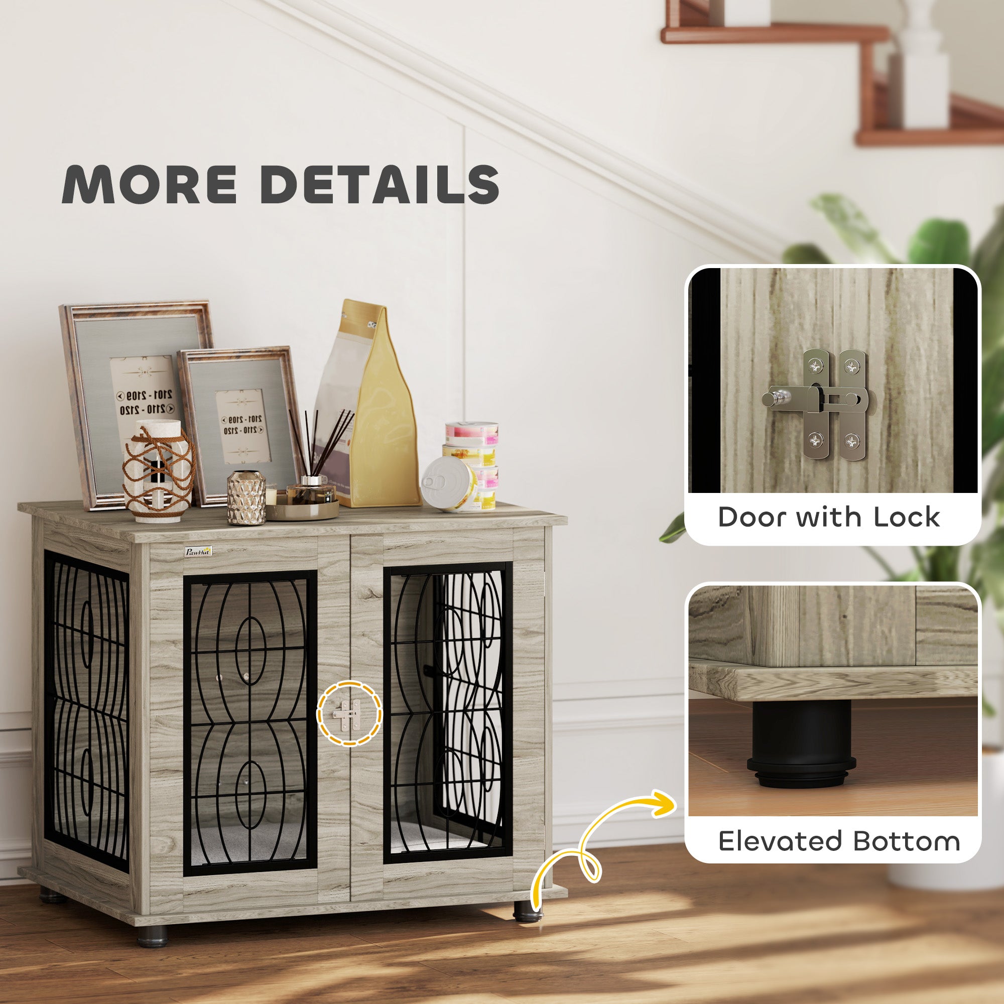 PawHut Indoor Dog Crate Furniture End Table with Soft Washable Cushion, Lockable Front Door, for Medium Dogs - Black - North Peak Garden Furniture