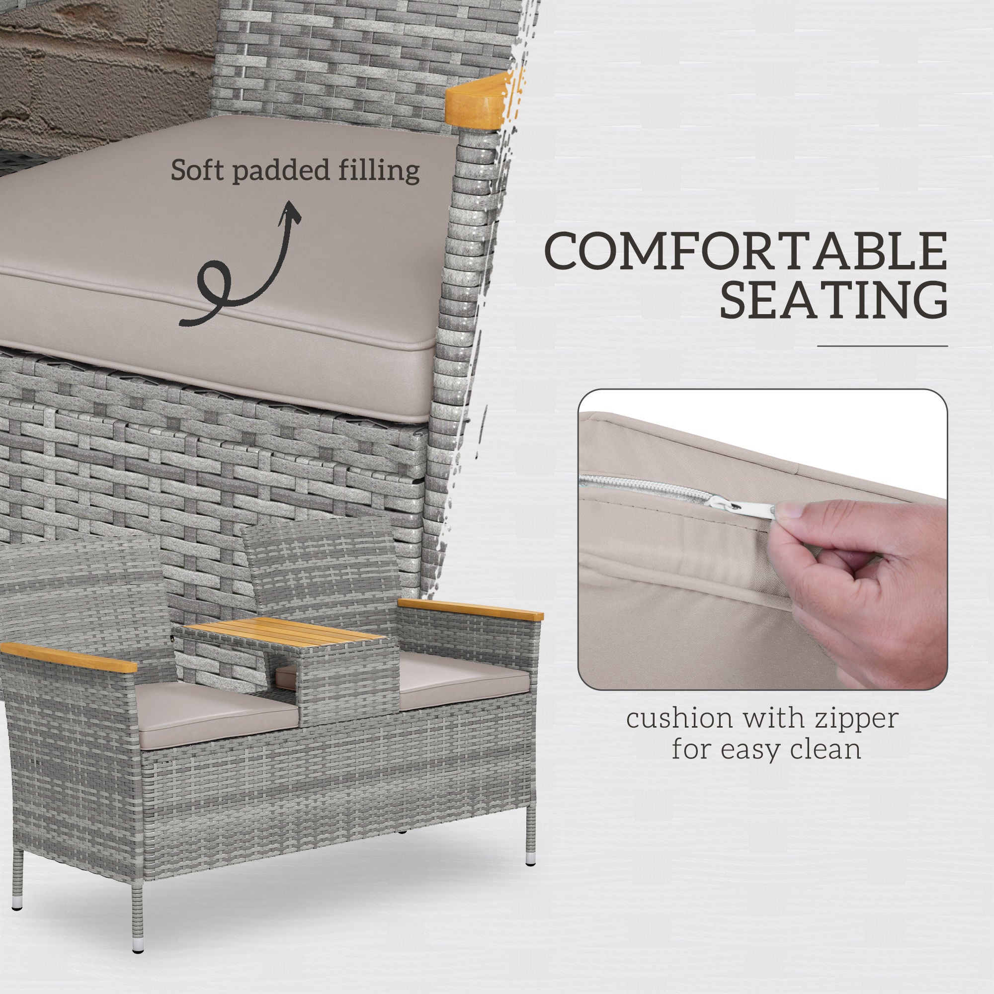 Outsunny Two-Seat Rattan Loveseat, with Wood-Top Middle Table - Grey - North Peak Garden Furniture