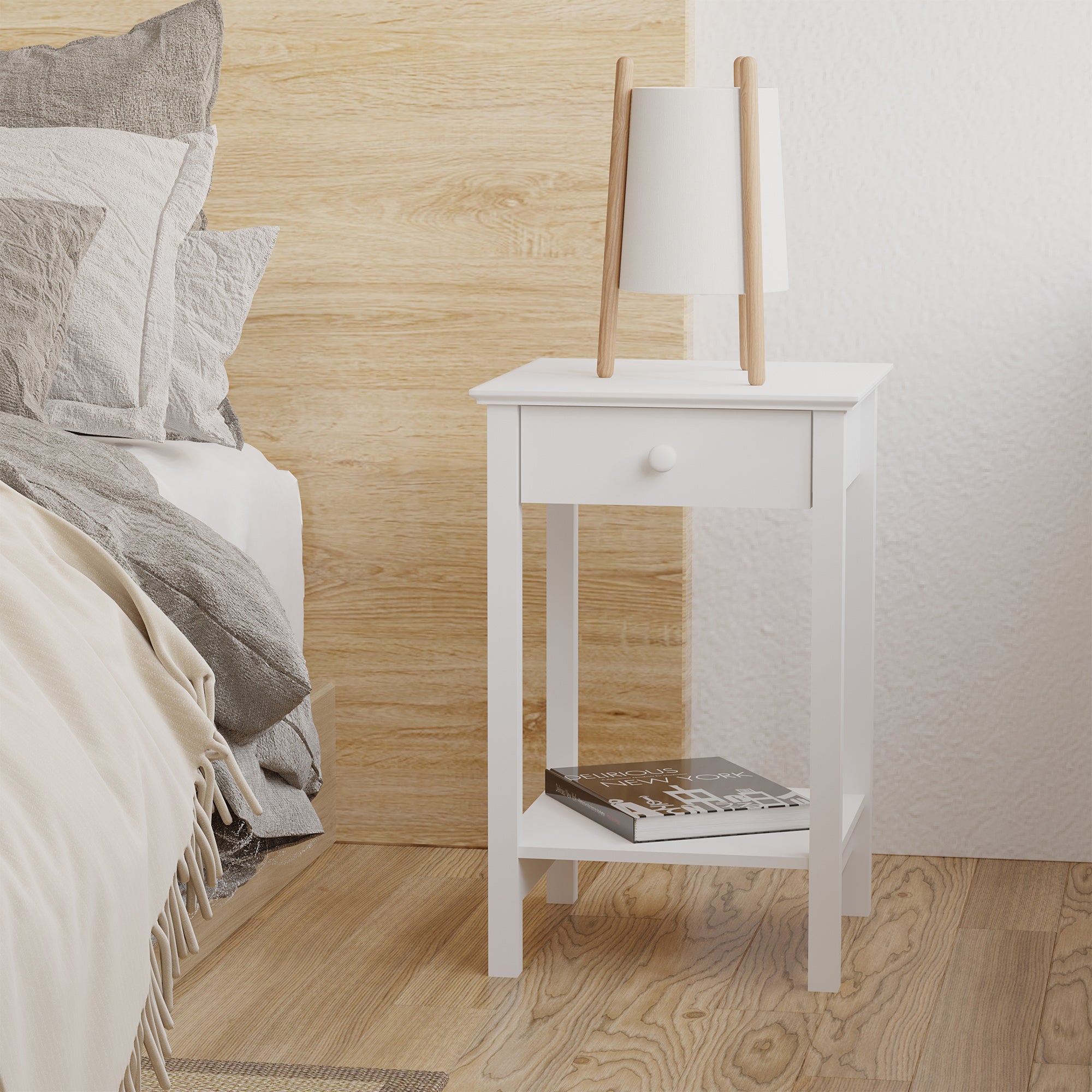 HOMCOM White Bedside Table, Wooden Side Table, Nightstand, Bedside Cabinet with Drawer and Storage Shelf for Bedroom and Living Room, Set of 2 - North Peak Garden Furniture